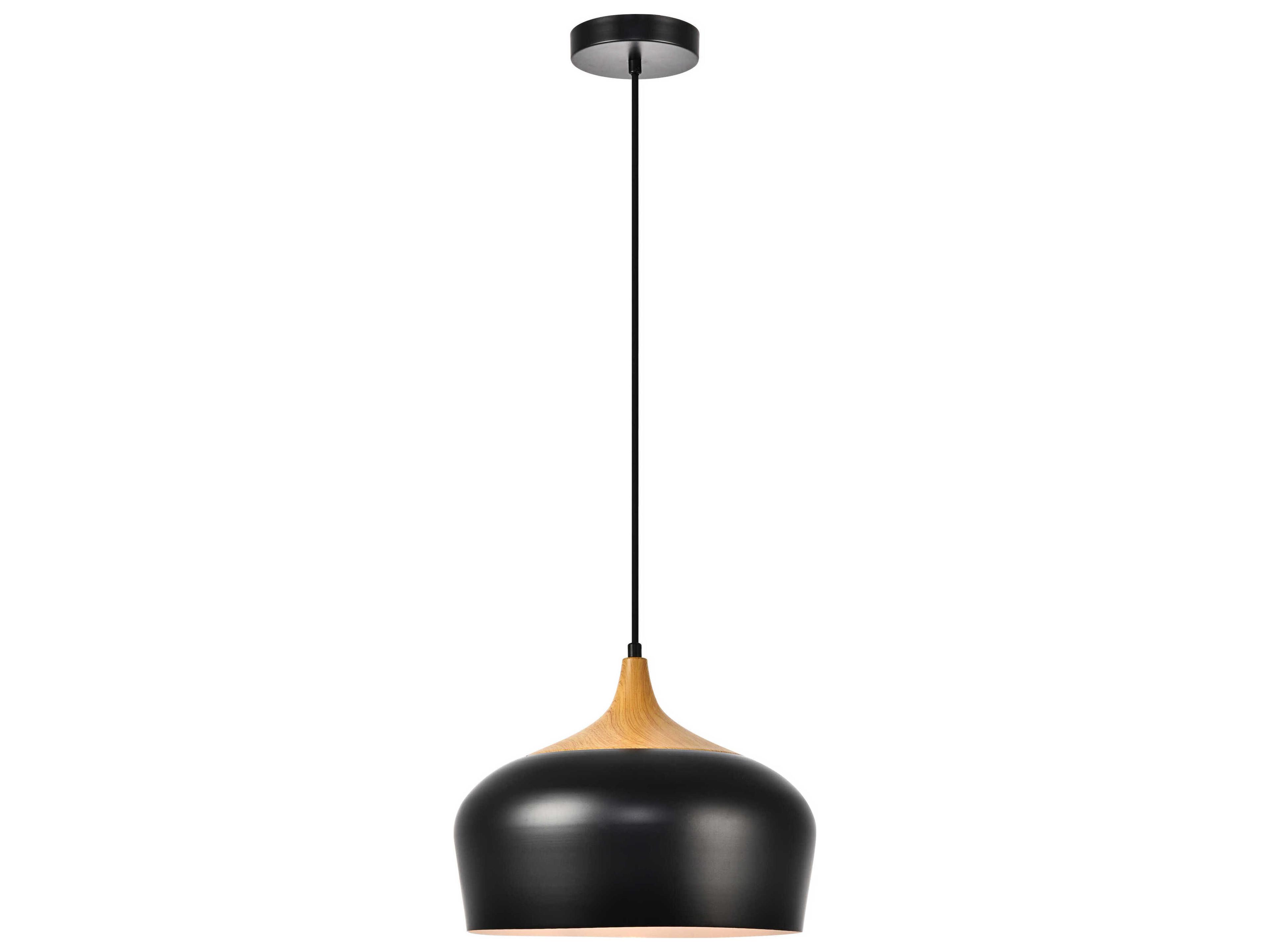 Elegant Lighting Nora 1-Light Black Natural Wood Dome Mini Pendant