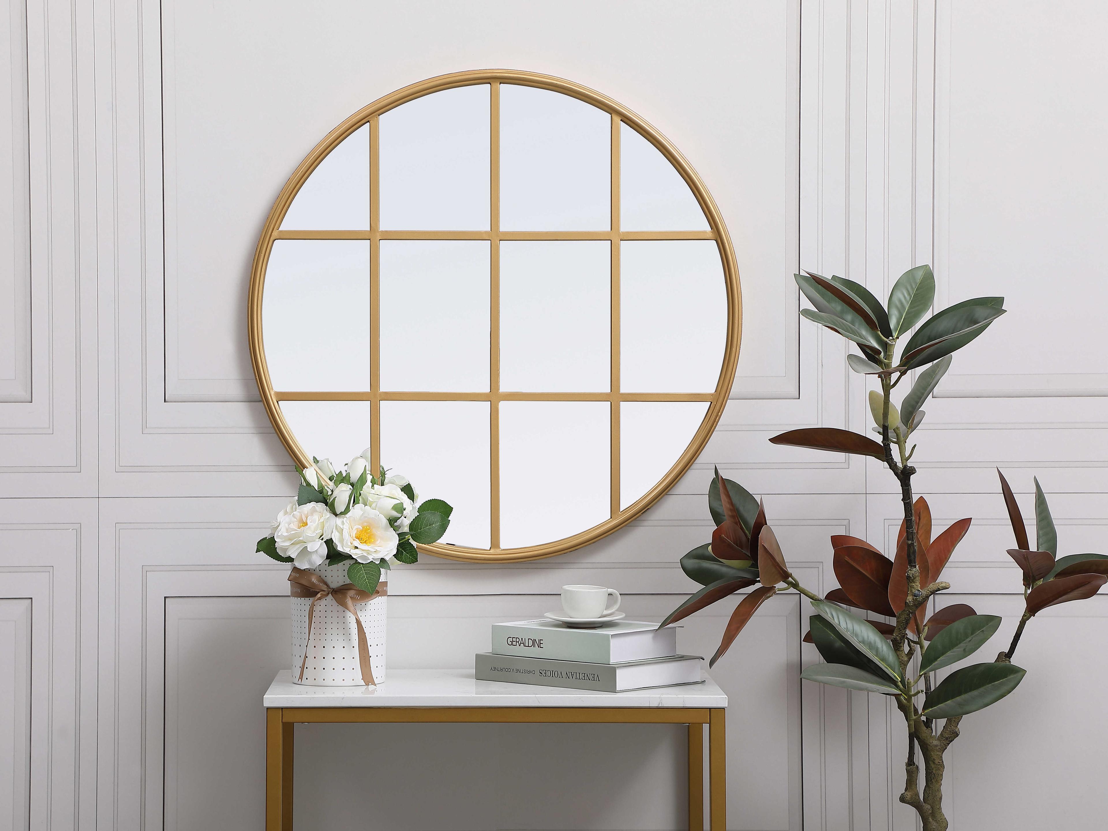 Elegant Lighting Motif Brass Round Wall Mirror