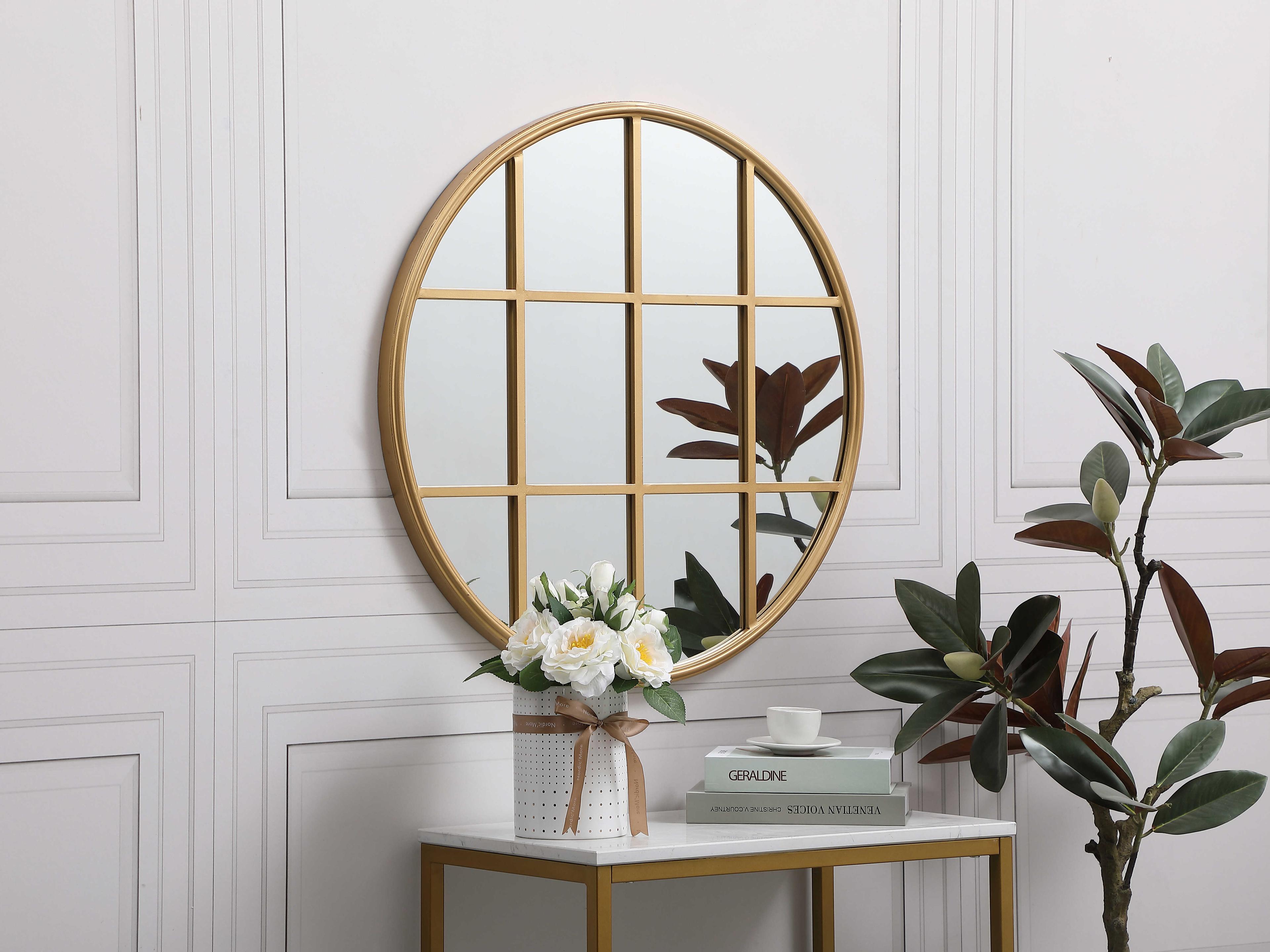 Elegant Lighting Motif Brass Round Wall Mirror