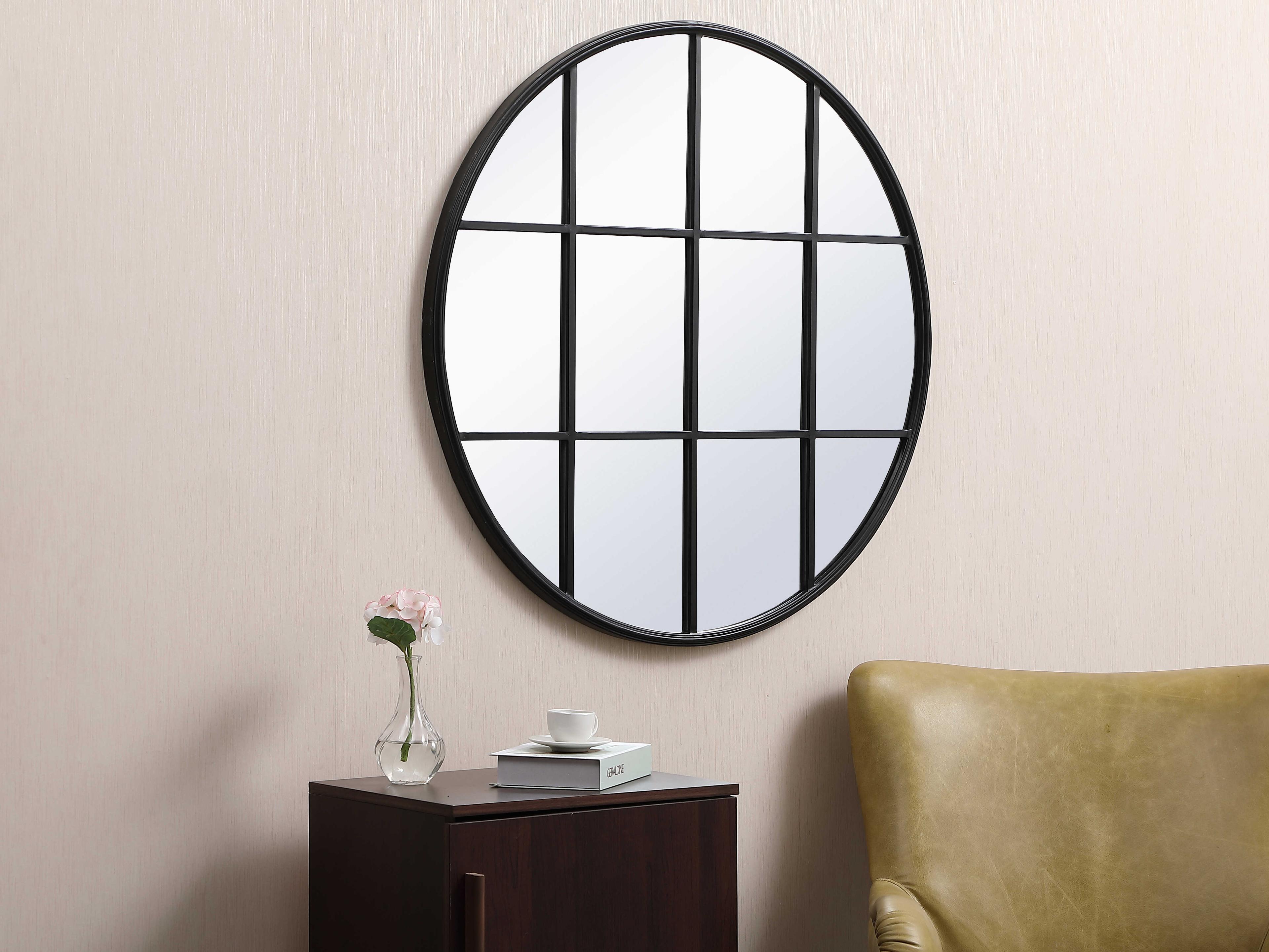 Elegant Lighting Motif Black Round Wall Mirror