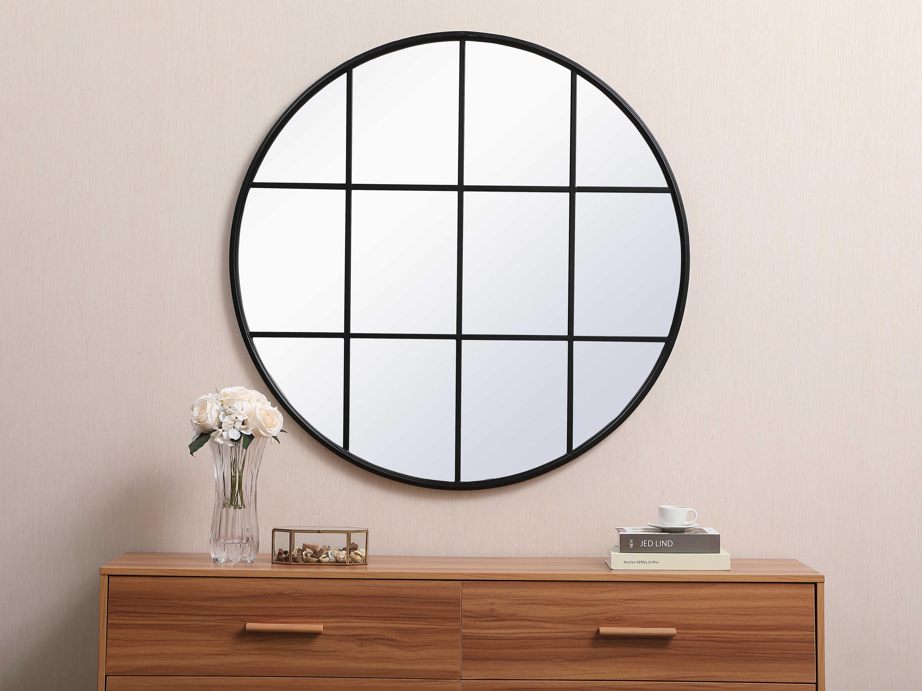 Elegant Lighting Motif Black Round Wall Mirror