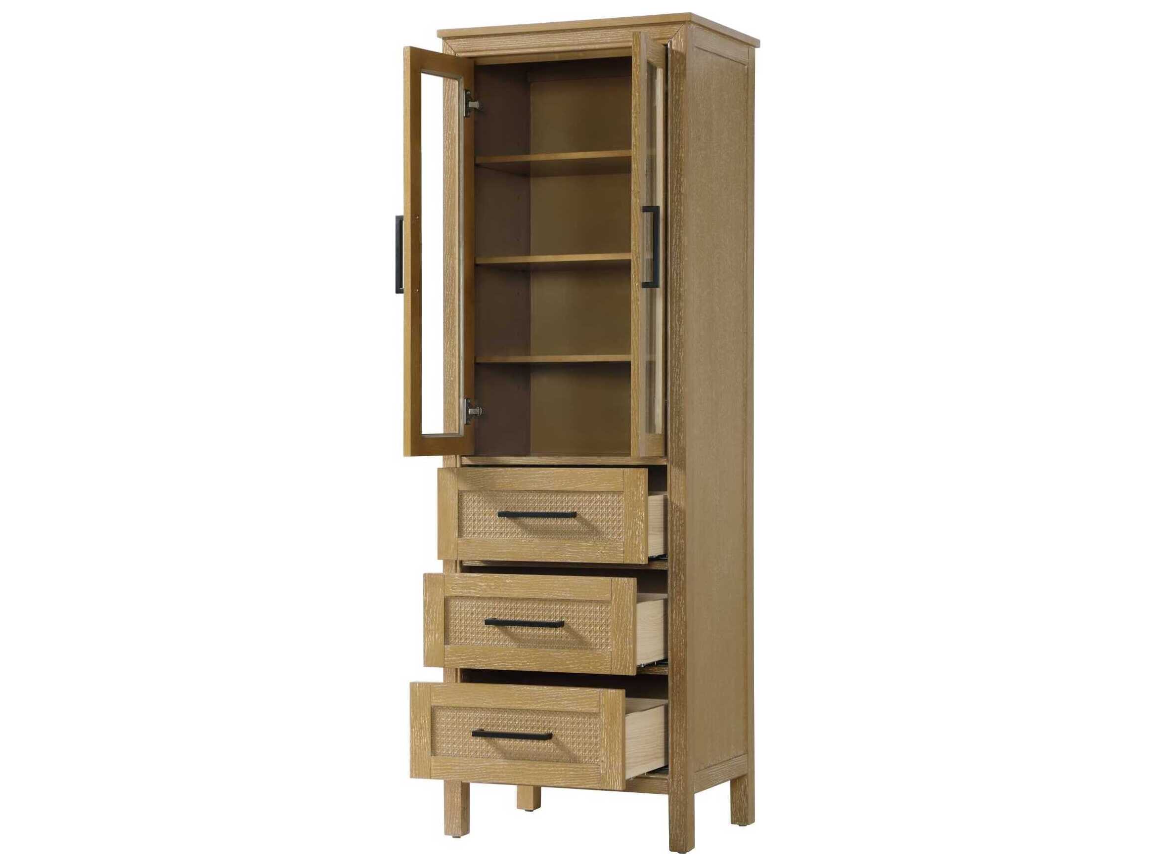 Elegant Lighting Alina Linen Oak Brown Rubberwood Bath Storage Glass Cabinet