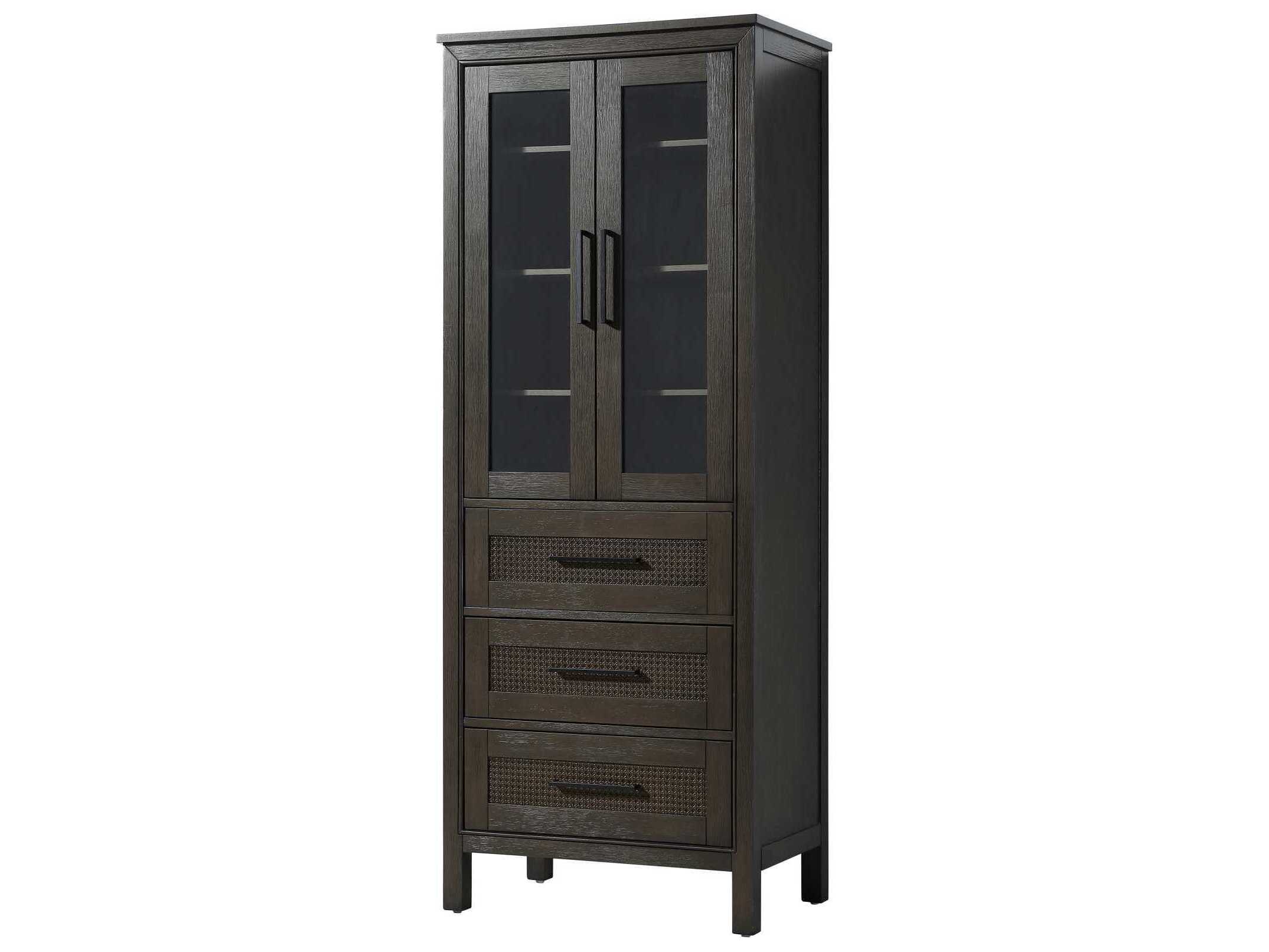 Elegant Lighting Alina Chocolate Oak Brown Rubberwood Bath Storage Glass Cabinet