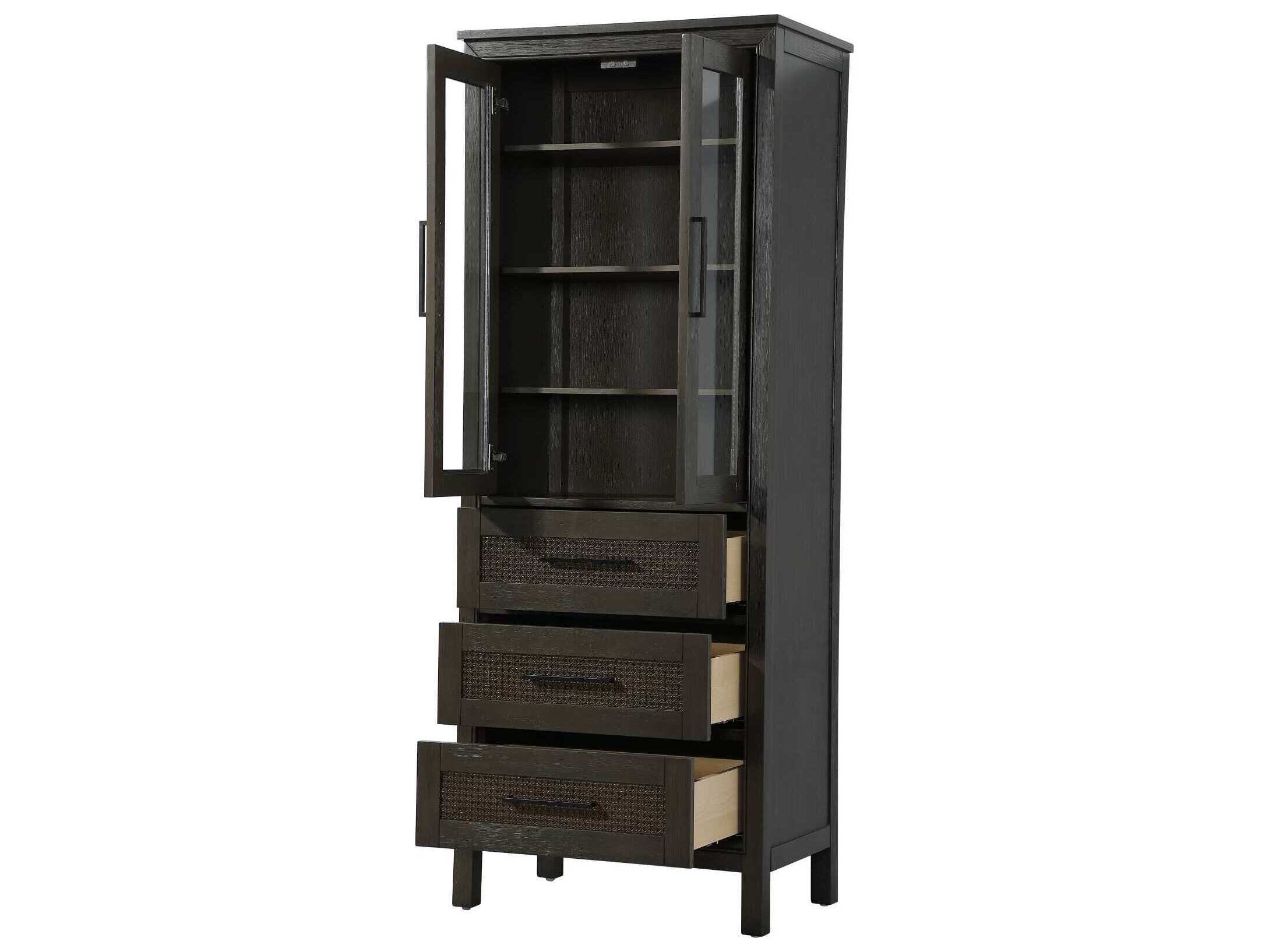 Elegant Lighting Alina Chocolate Oak Brown Rubberwood Bath Storage Glass Cabinet