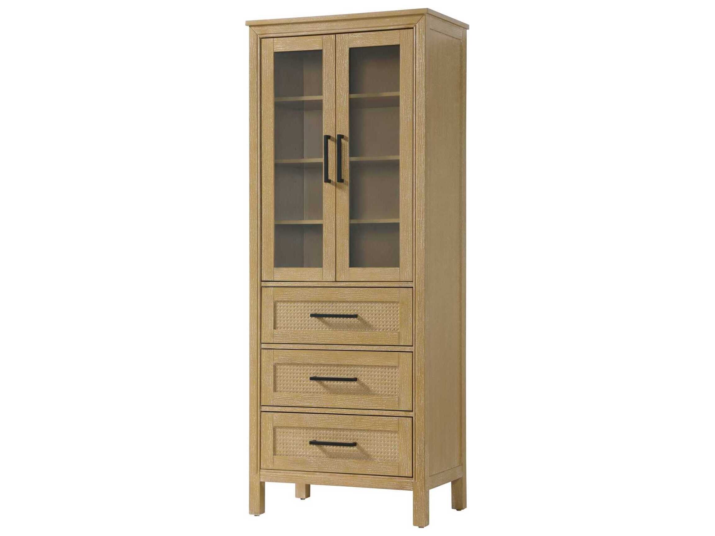 Elegant Lighting Alina Linen Oak Brown Rubberwood Bath Storage Glass Cabinet