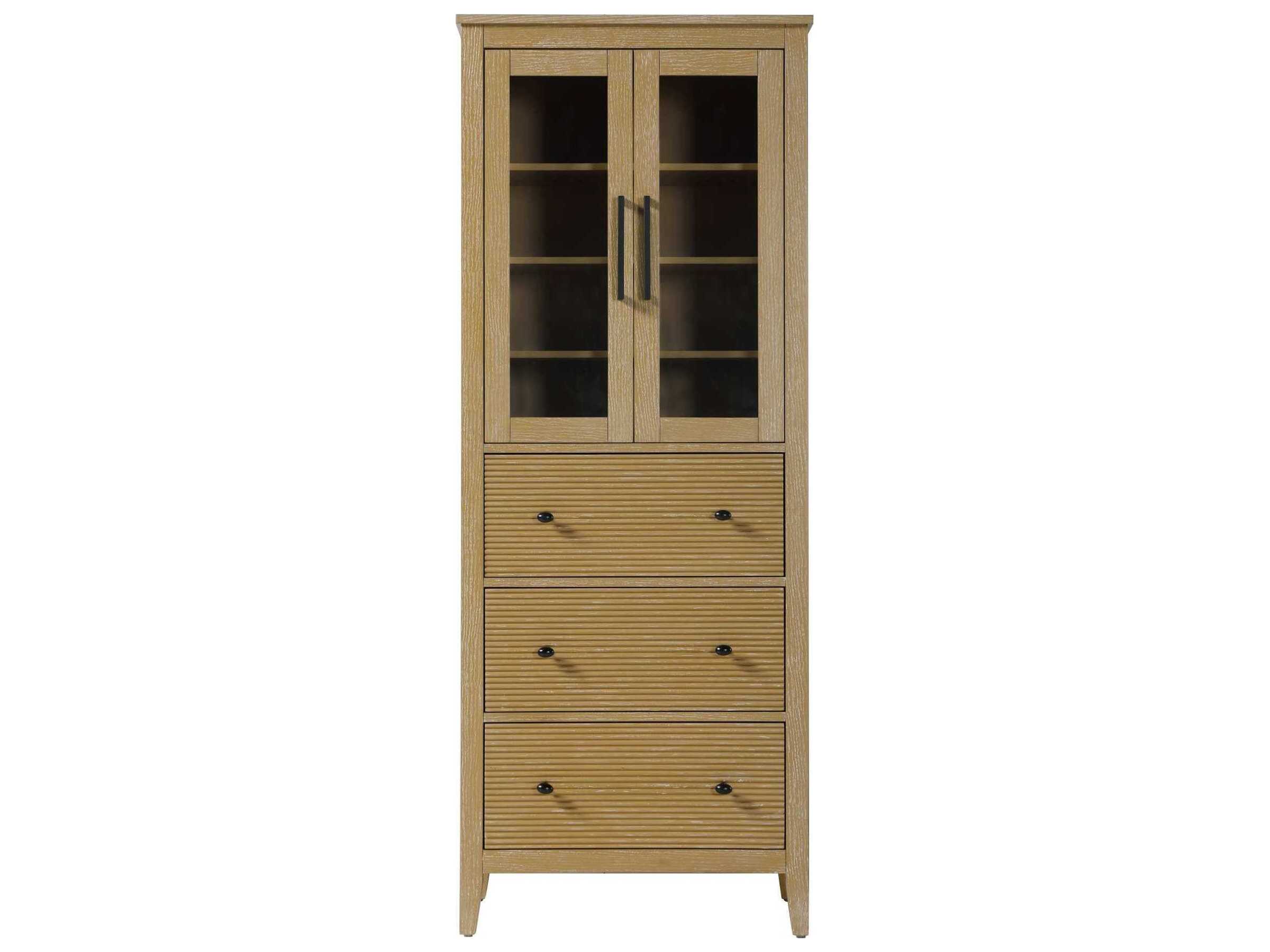 Elegant Lighting Blakely Linen Oak Brown Rubberwood Bath Storage Glass Cabinet