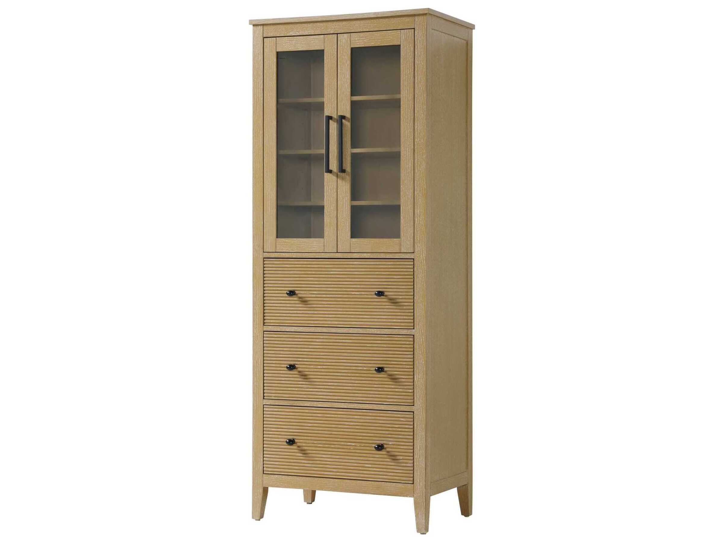 Elegant Lighting Blakely Linen Oak Brown Rubberwood Bath Storage Glass Cabinet