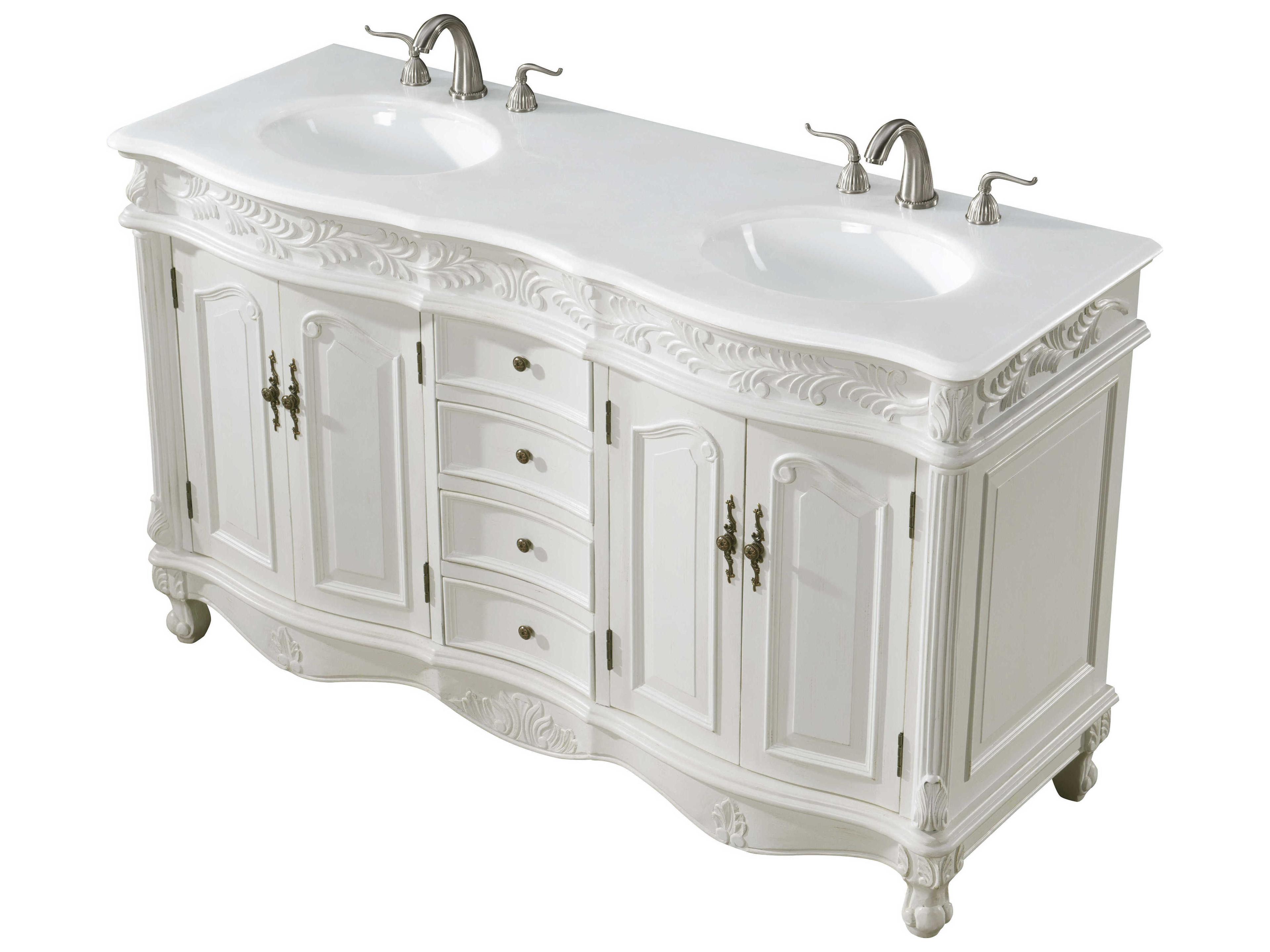 Elegant Lighting Windsor Antique White 60" Vanity with Ivory White Quartz Countertop