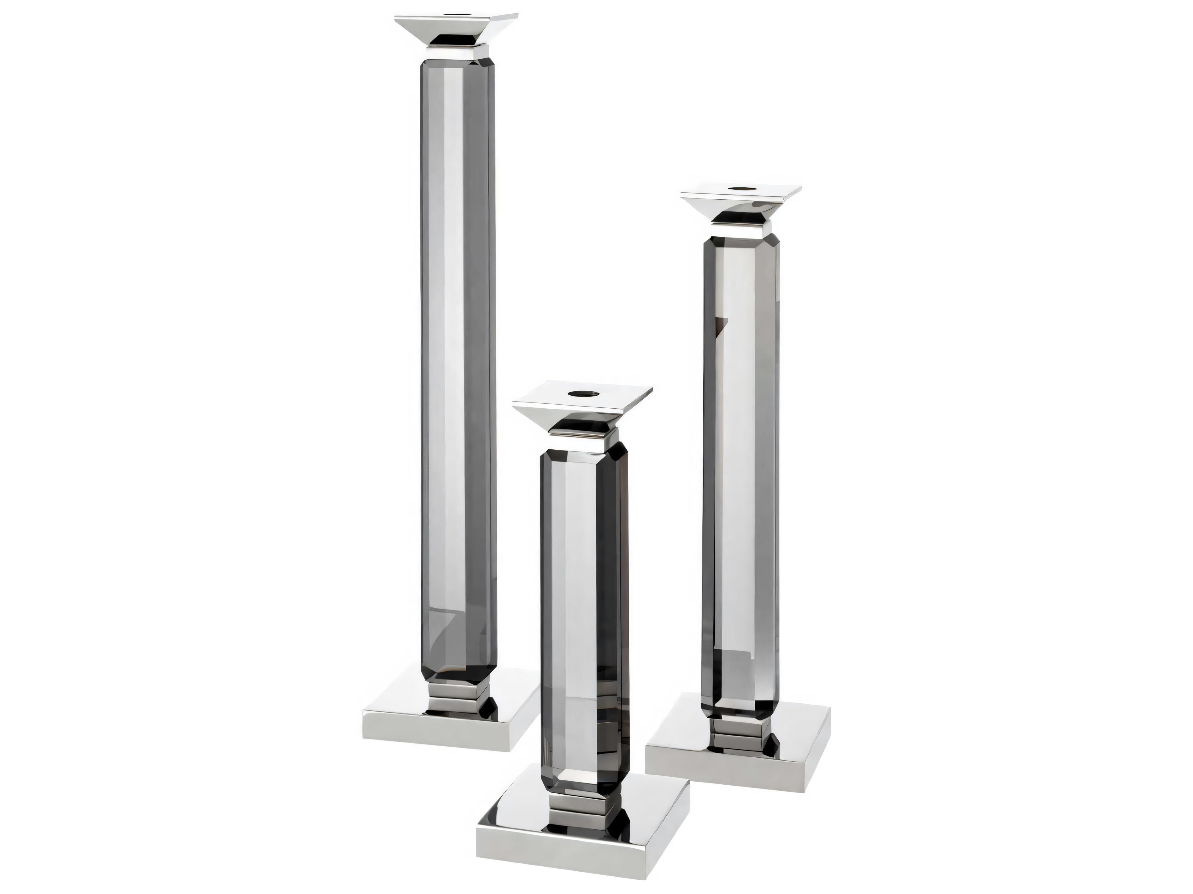 Eichholtz Livia Nickel Smoke Crystal Glass Set of 3 Candle Holder