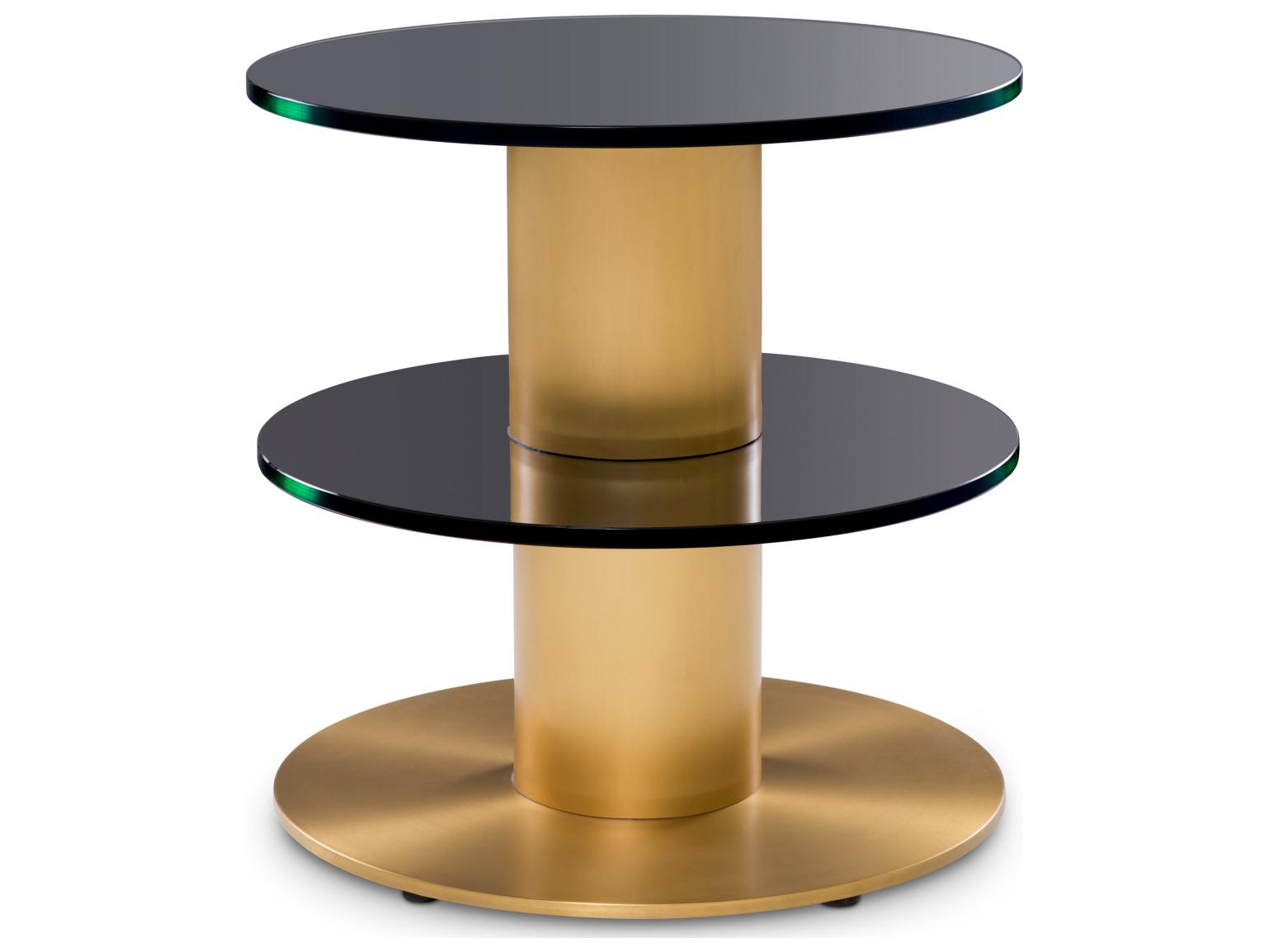 Eichholtz Round Brushed Brass X Black Glass End Table