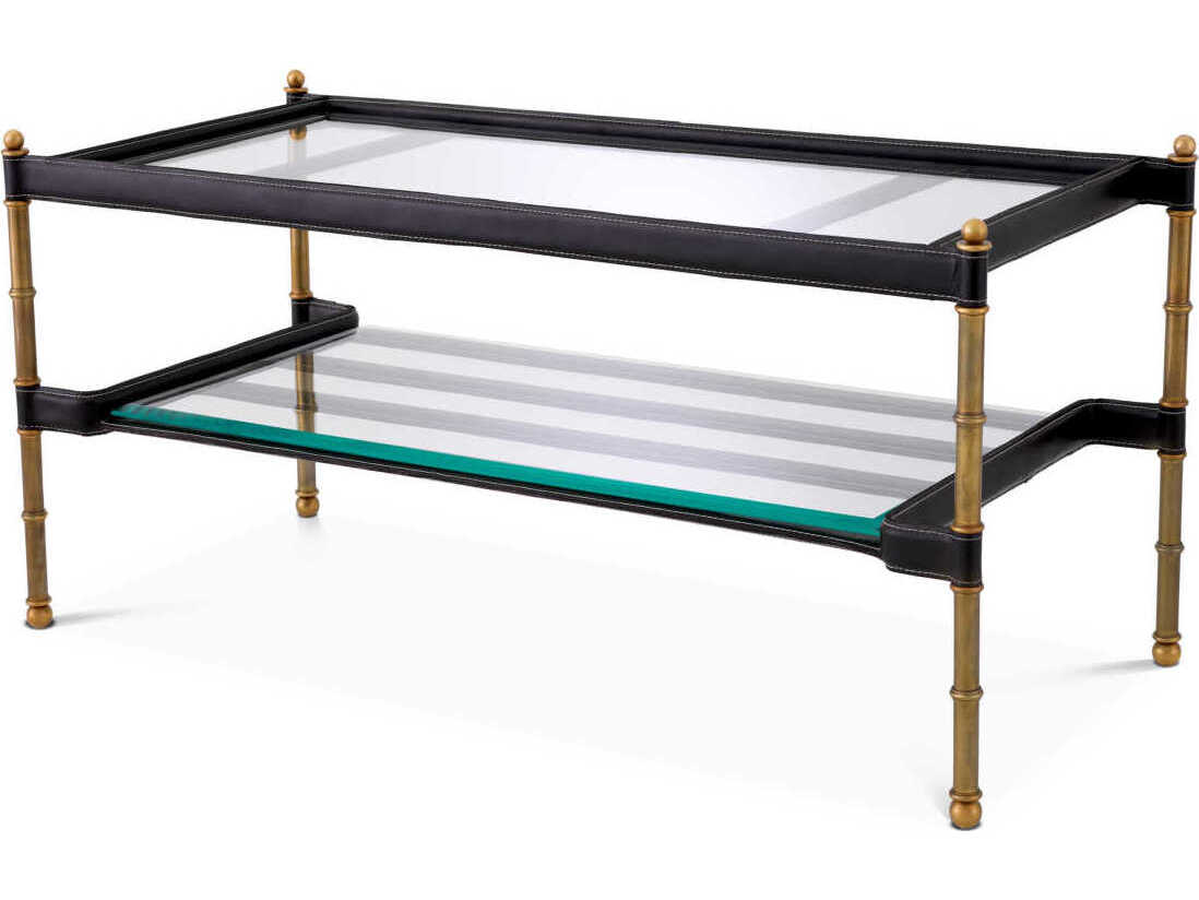 Eichholtz Princess Rectangular Black Leather Vintage Brass Coffee Table