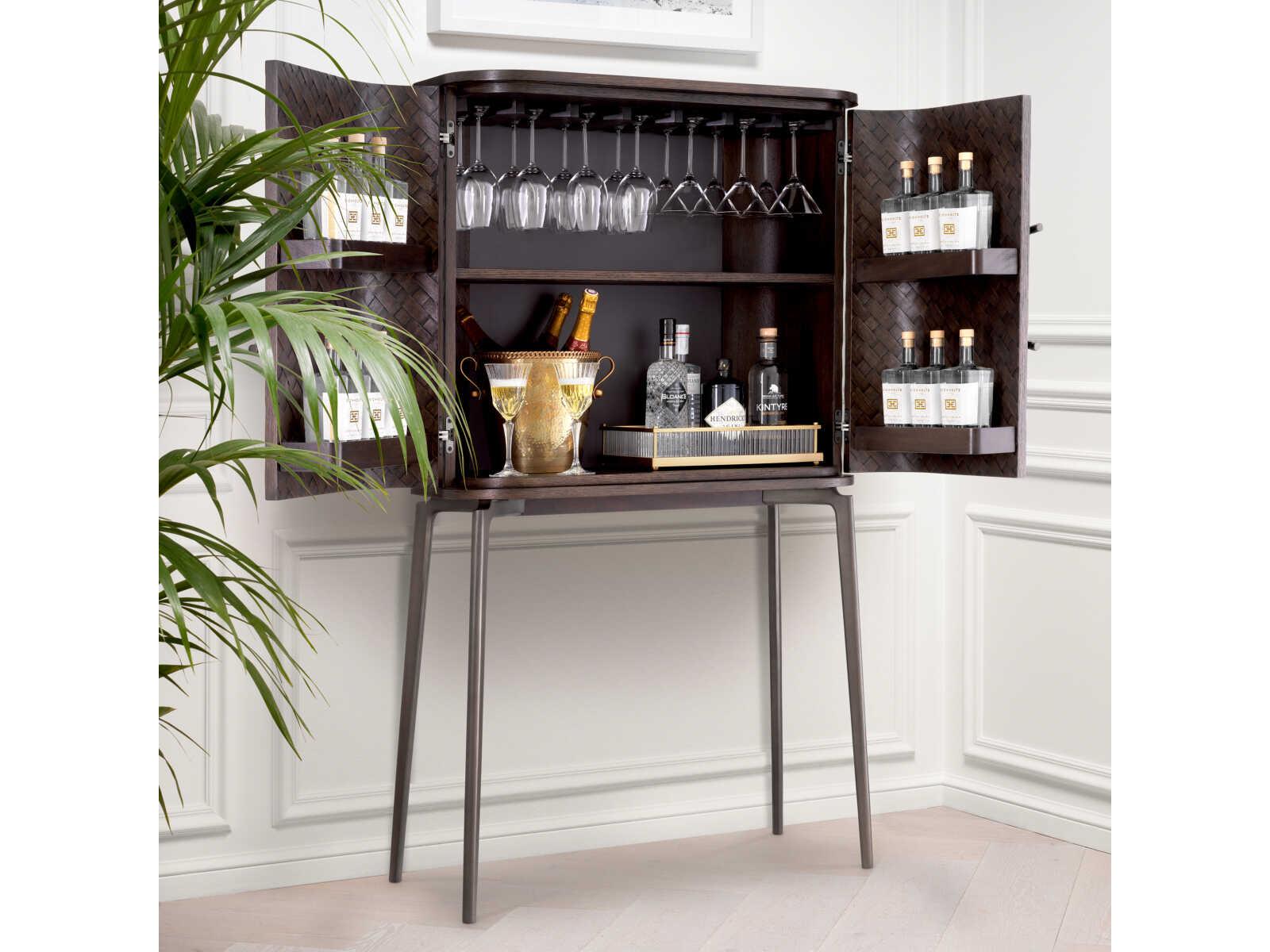 Eichholtz Nilsson Oak Veneer Bronze Bar Cabinet