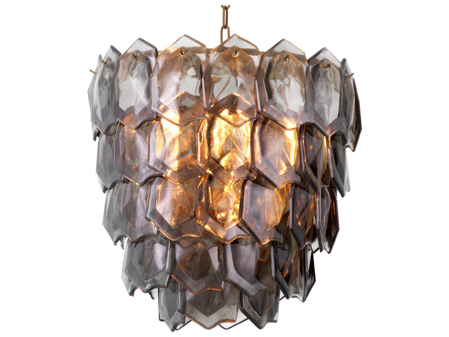 Eichholtz Vintage Brass X Handmade Smoke Glass Geometric Chandelier