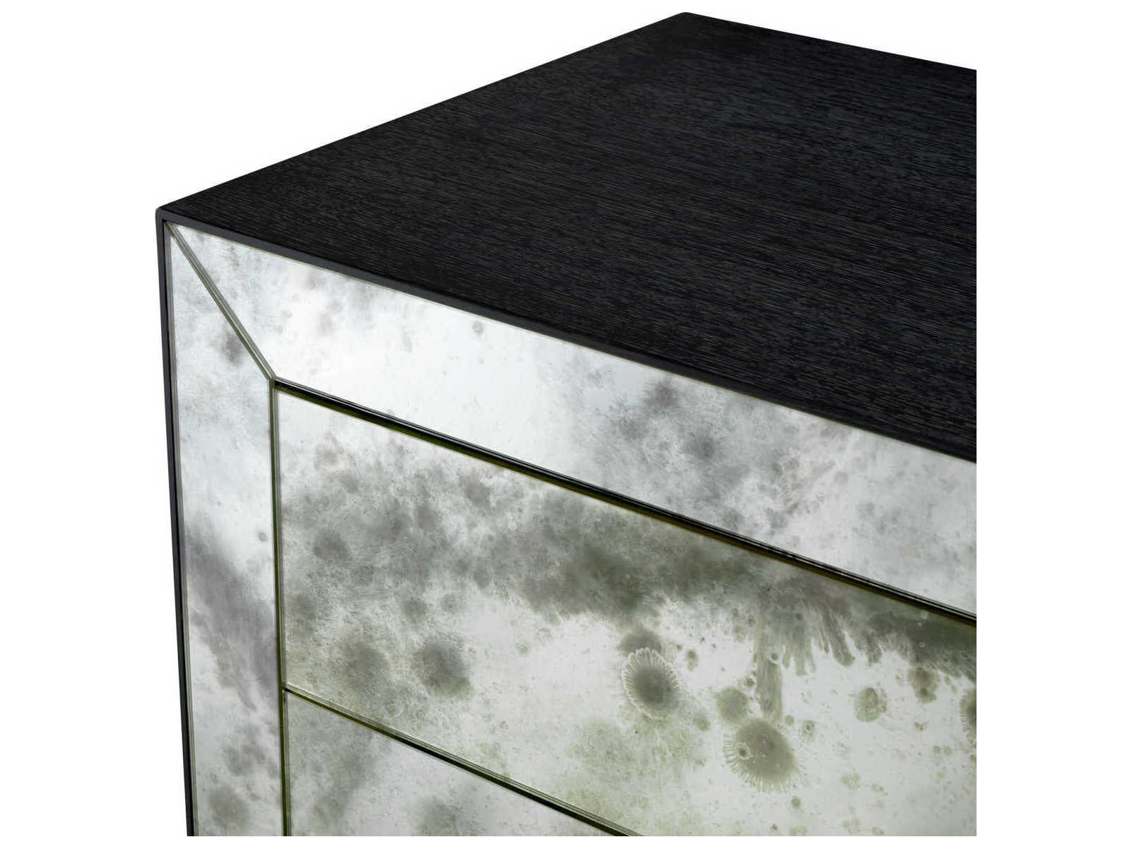 Eichholtz Bogart Charcoal Grey Oak Veneer Antique Mirror Glass Nightstand