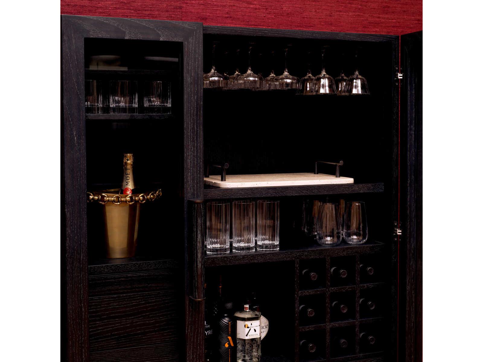 Eichholtz Connaught Charcoal Grey Oak Veneer Bronze Bar Cabinet