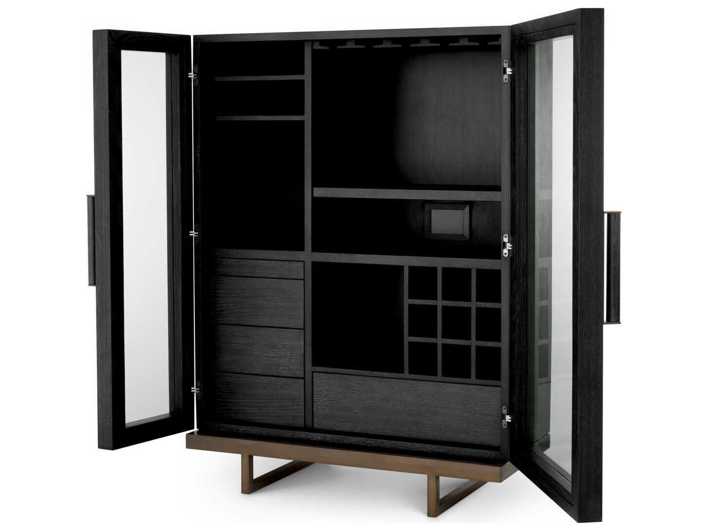 Eichholtz Connaught Charcoal Grey Oak Veneer Bronze Bar Cabinet