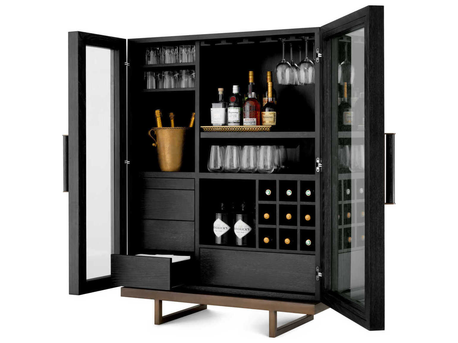 Eichholtz Connaught Charcoal Grey Oak Veneer Bronze Bar Cabinet