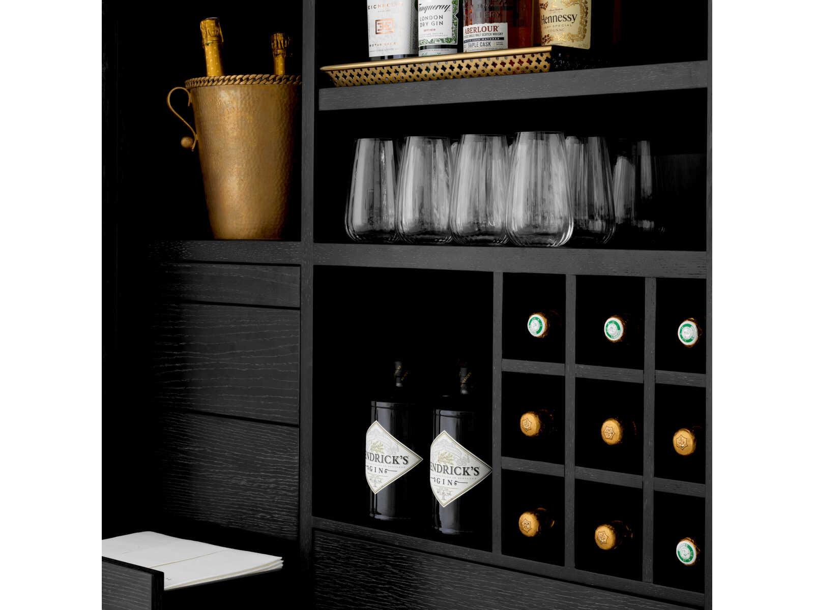 Eichholtz Connaught Charcoal Grey Oak Veneer Bronze Bar Cabinet