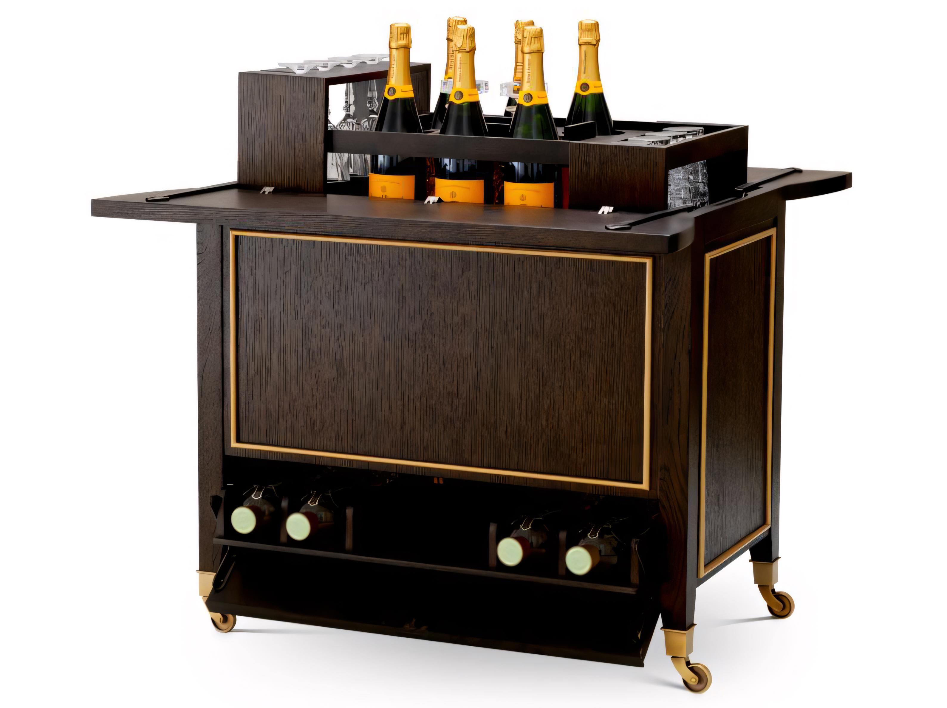 Eichholtz Wood Brown Oak Veneer X Brushed Brass Bar Cart