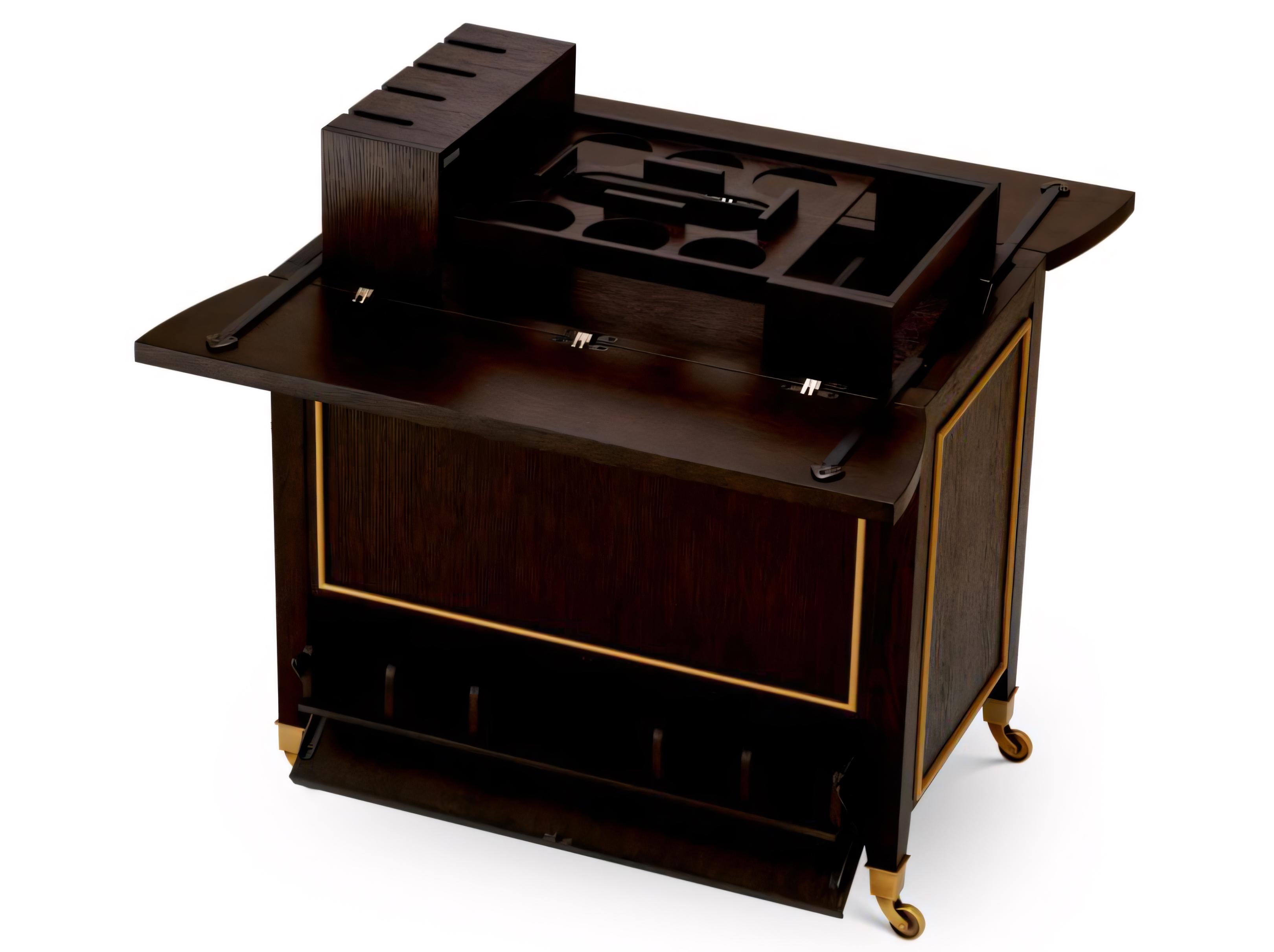 Eichholtz Wood Brown Oak Veneer X Brushed Brass Bar Cart