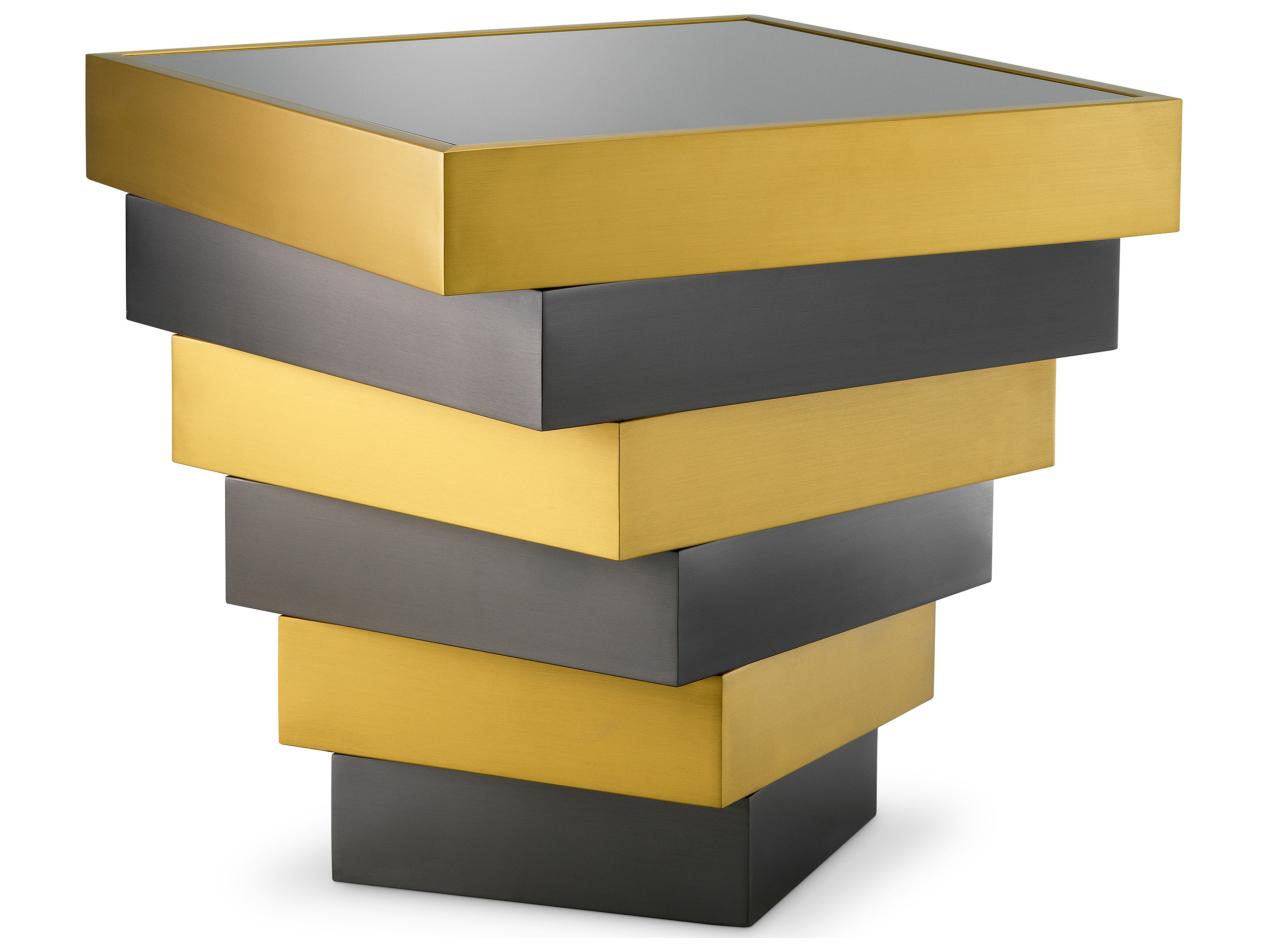 Eichholtz Square Brushed Brass X Bronze Smoke Glass End Table