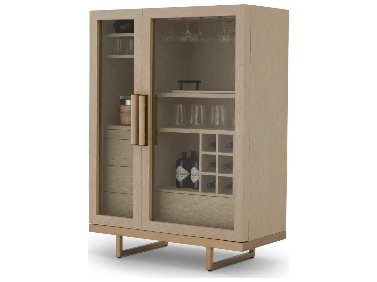 Eichholtz Connaught Washed Oak Veneer Brushed Brass Bar Cabinet