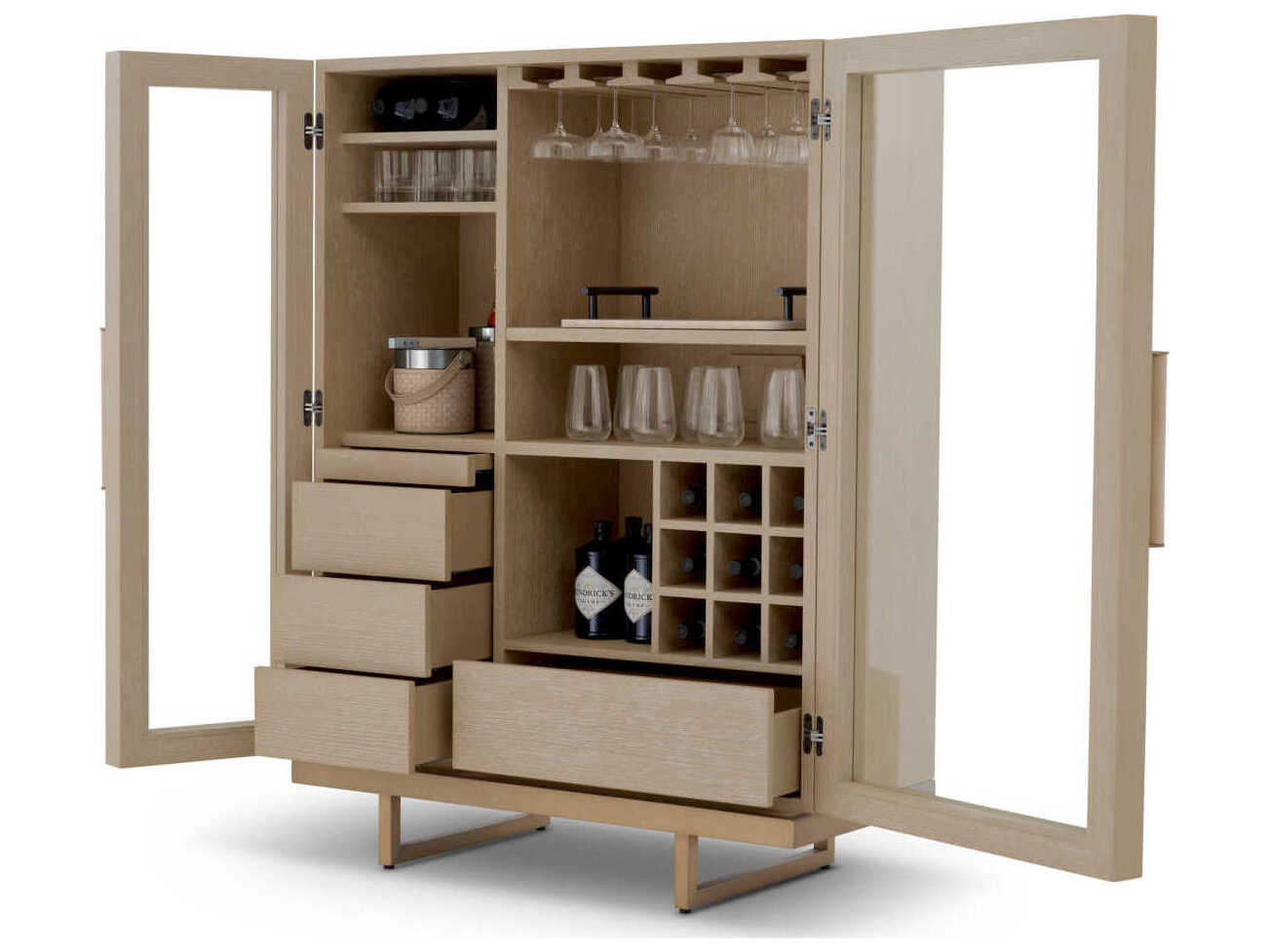 Eichholtz Connaught Washed Oak Veneer Brushed Brass Bar Cabinet