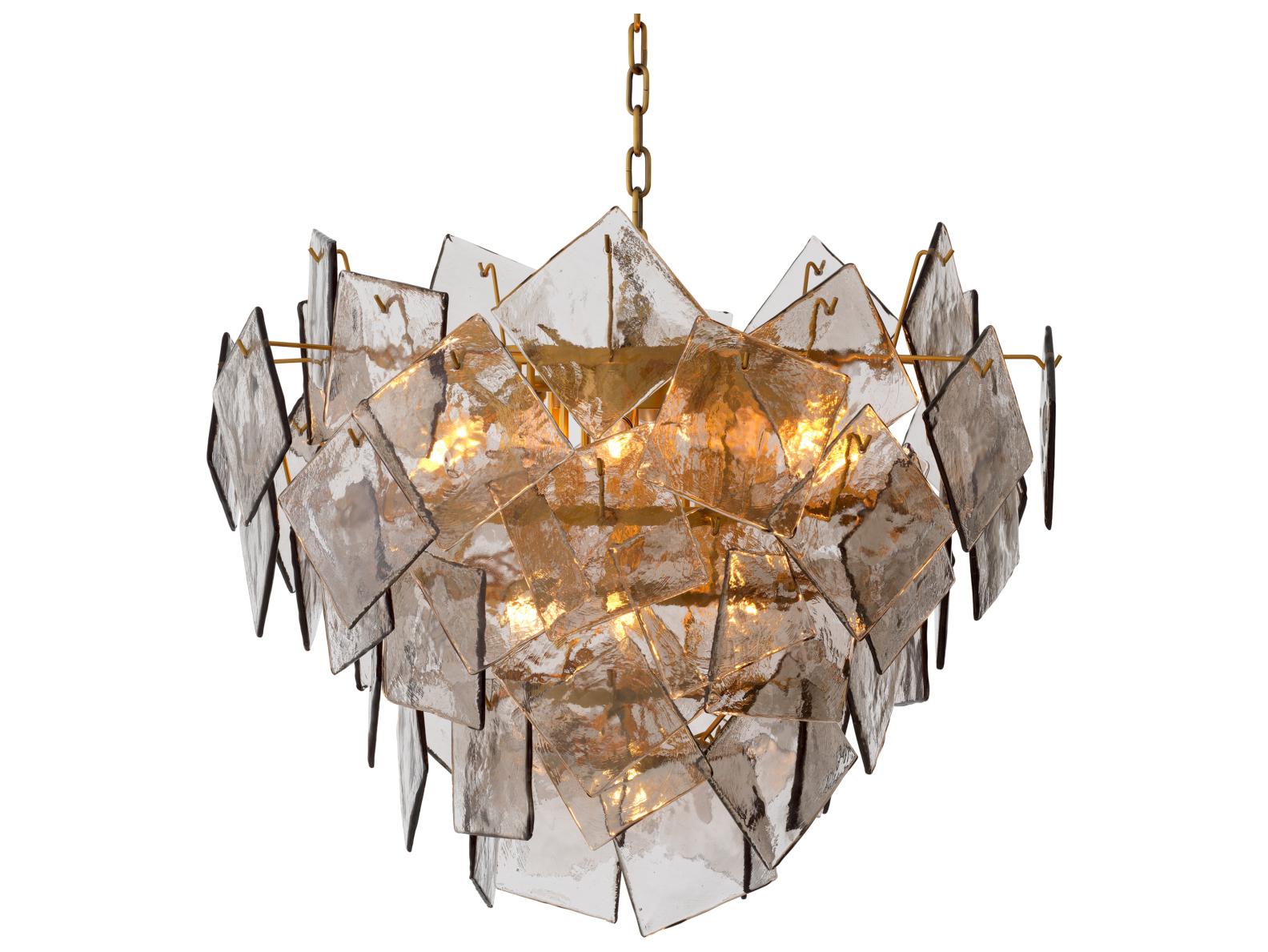 Eichholtz Antique Brass X Light Smoke Glass Chandelier