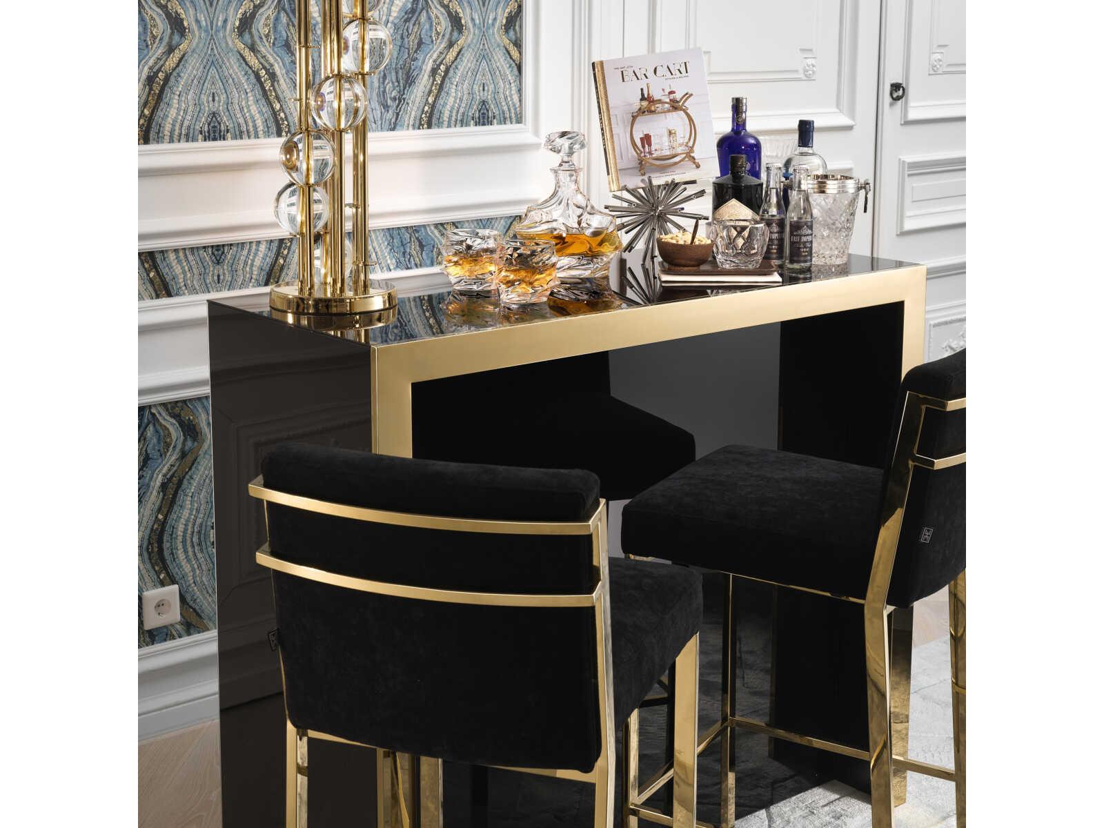 Eichholtz Scott Gold Black Velvet Upholstered Bar Stool