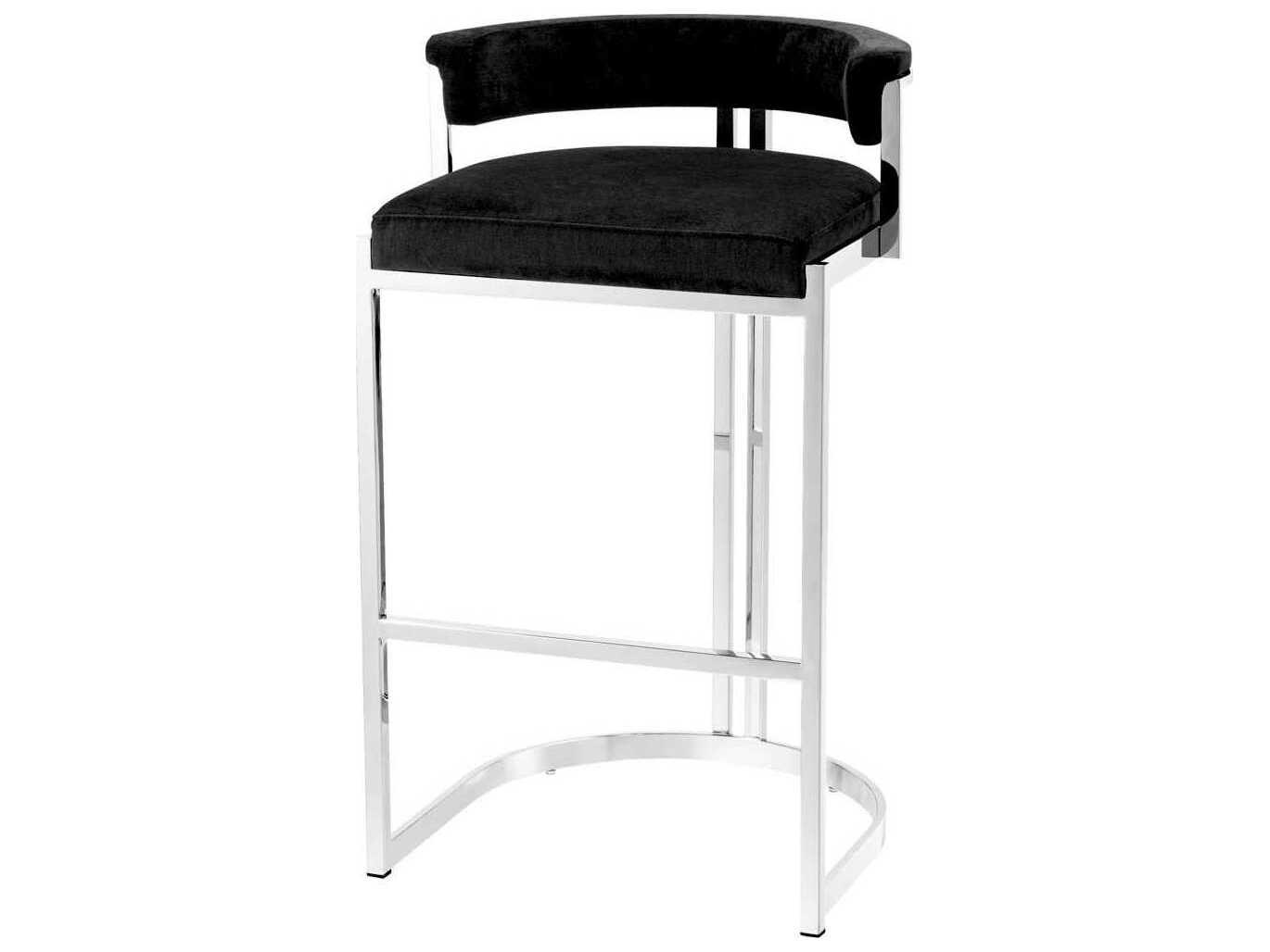 Eichholtz Dante Polished Stainless Steel Black Velvet Upholstered Counter Stool