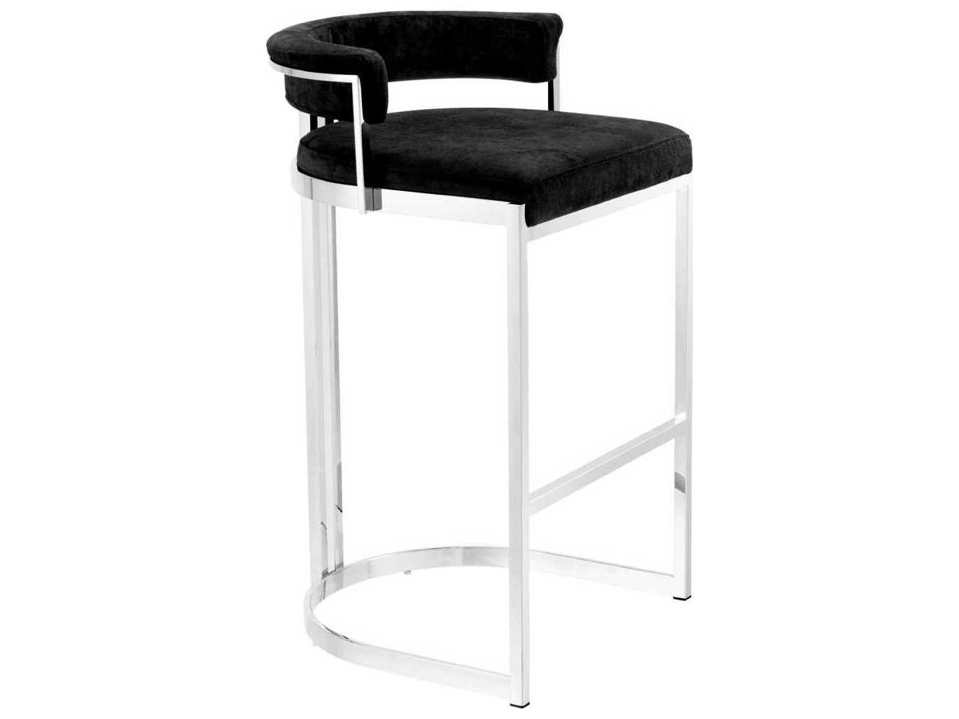 Eichholtz Dante Polished Stainless Steel Black Velvet Upholstered Counter Stool