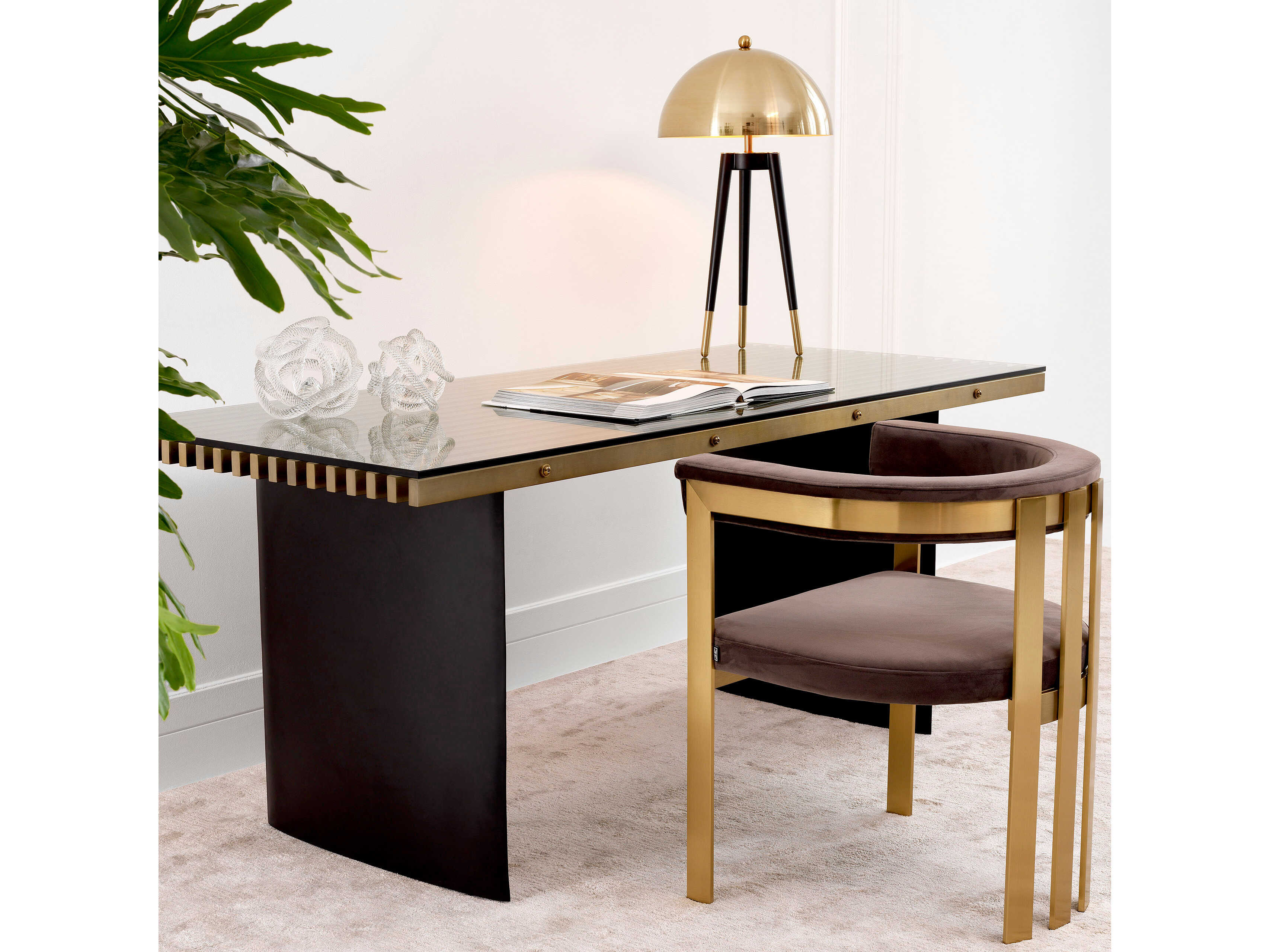 Eichholtz Clubhouse Gold Velvet Upholstered Arm Dining Chair