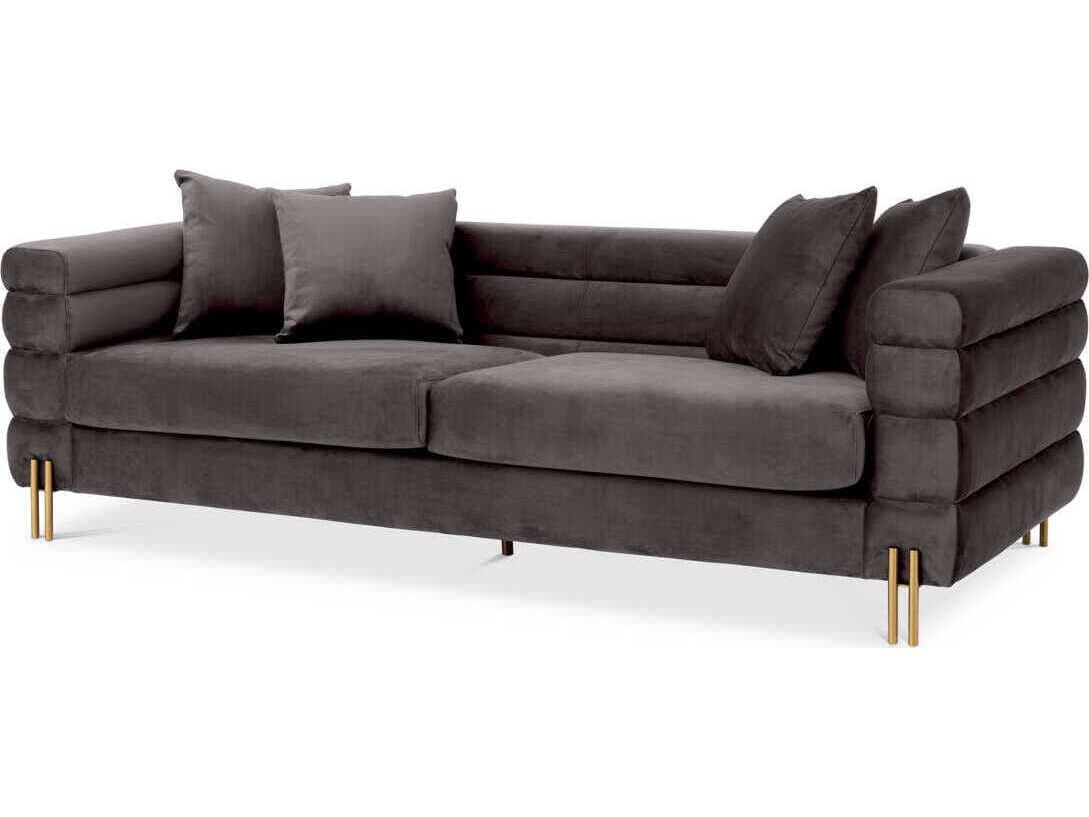 Eichholtz York Savona Grey Velvet Brushed Brass Legs Upholstered Sofa