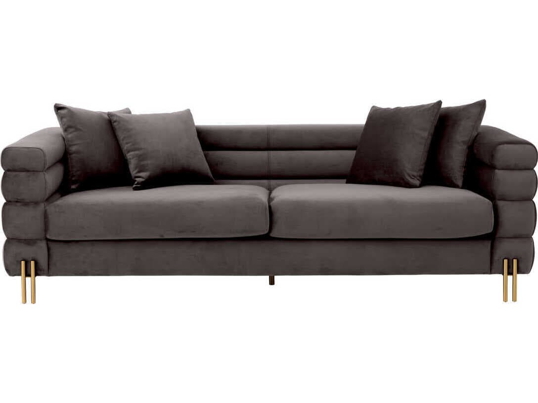 Eichholtz York Savona Grey Velvet Brushed Brass Legs Upholstered Sofa