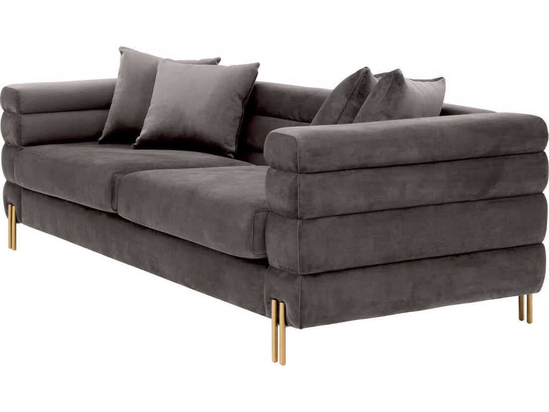 Eichholtz York Savona Grey Velvet Brushed Brass Legs Upholstered Sofa