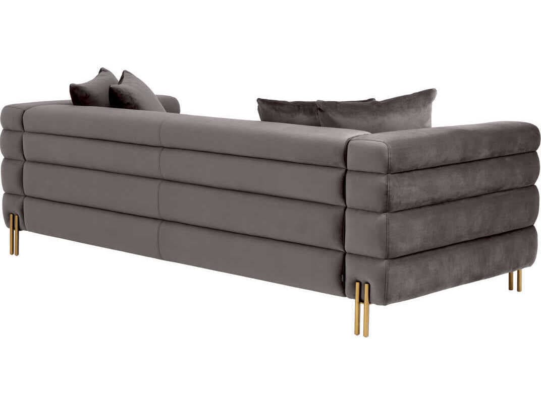Eichholtz York Savona Grey Velvet Brushed Brass Legs Upholstered Sofa