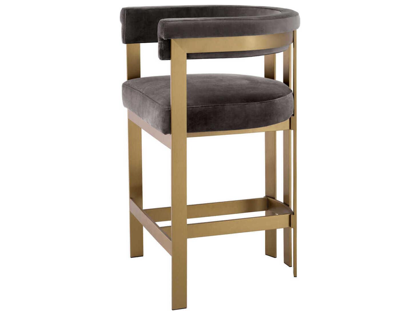 Eichholtz Clubhouse Brushed Brass Savona Grey Velvet Upholstered Counter Stool