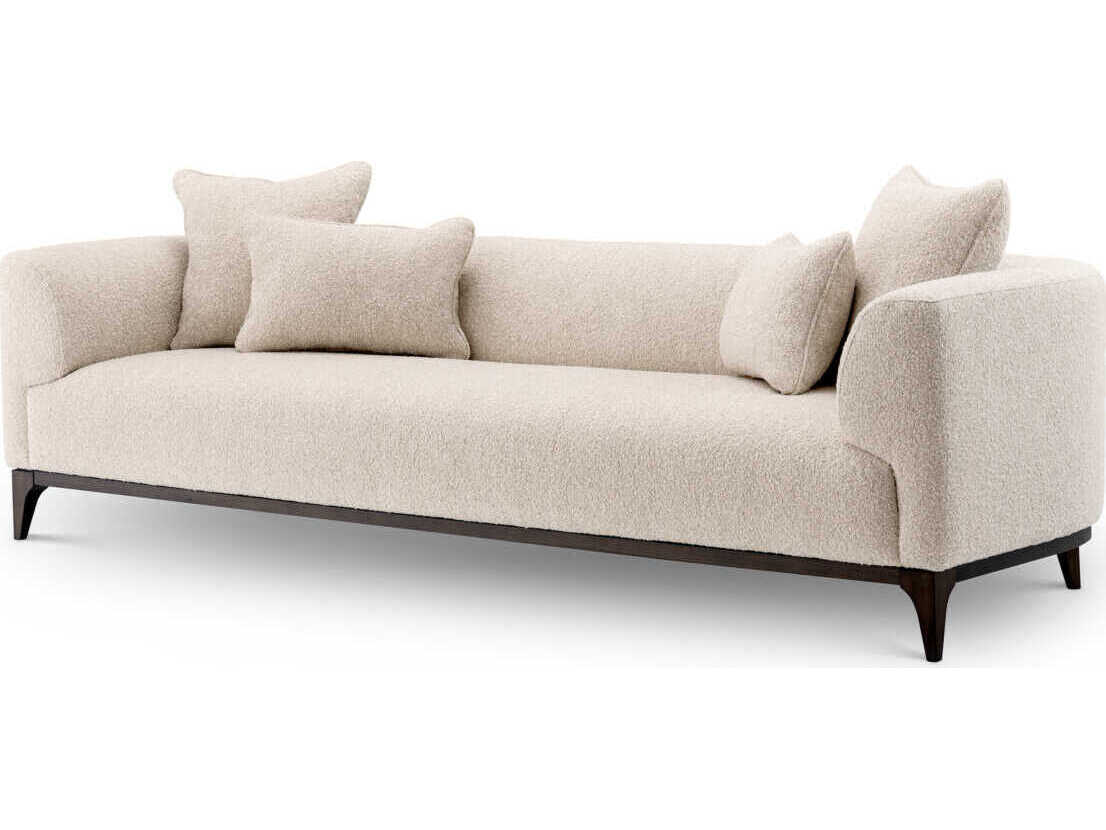 Eichholtz Brannan Boucle Chalk White Brown Wooden Base Upholstered Sofa