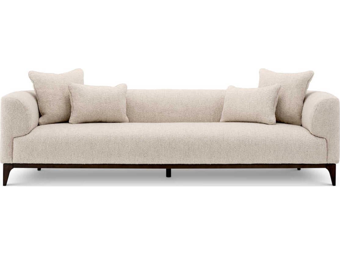 Eichholtz Brannan Boucle Chalk White Brown Wooden Base Upholstered Sofa