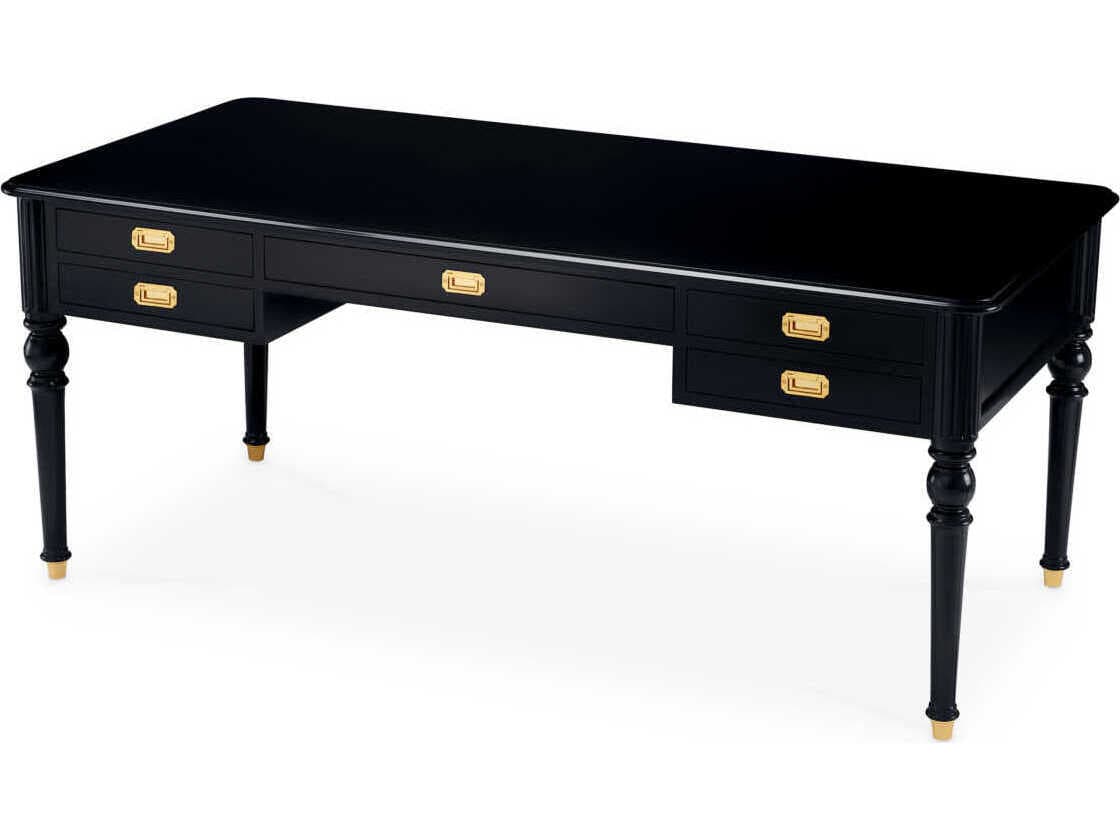 Eichholtz Wimbledon Waxed Black Antique Brass Solid Wood Writing Desk