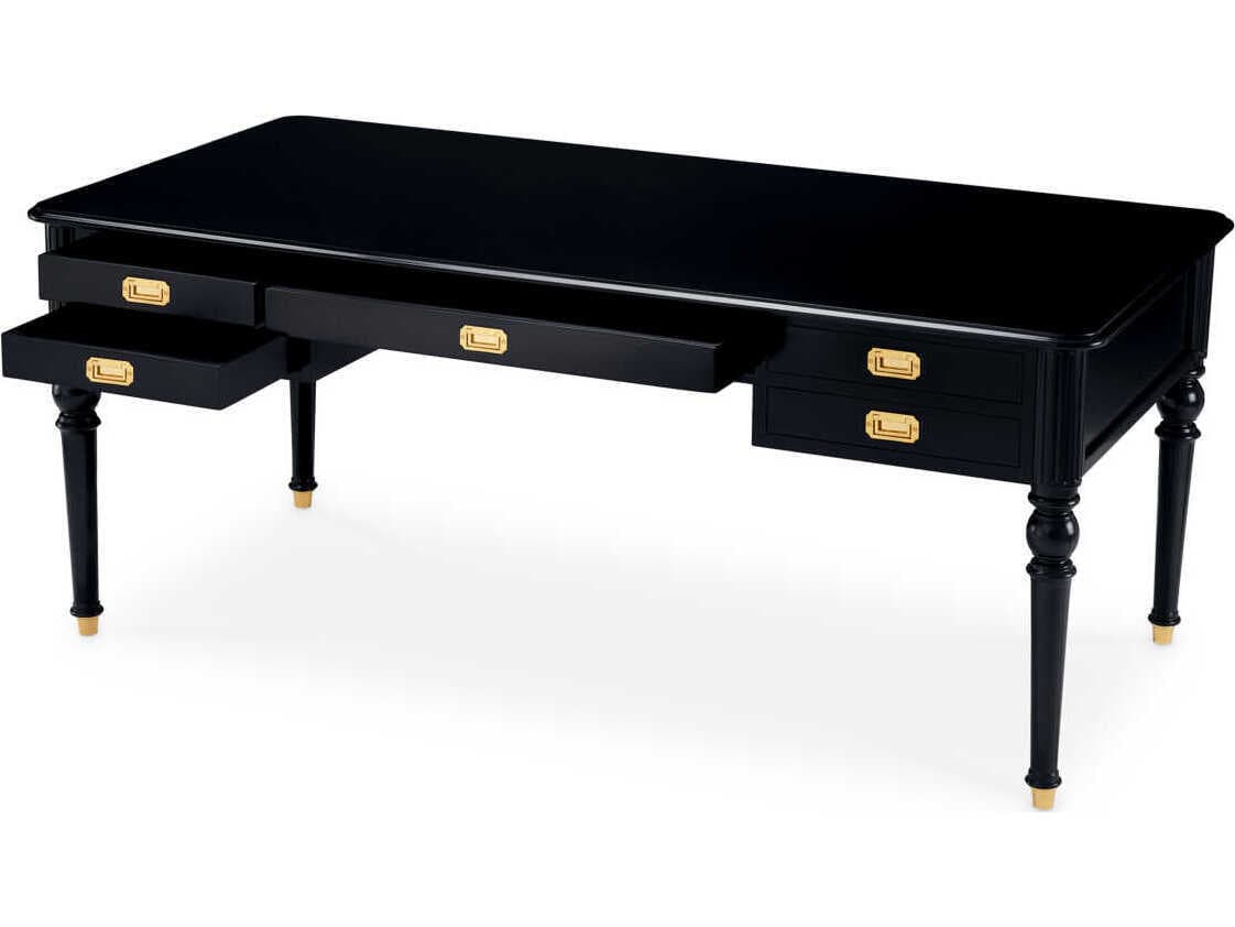 Eichholtz Wimbledon Waxed Black Antique Brass Solid Wood Writing Desk