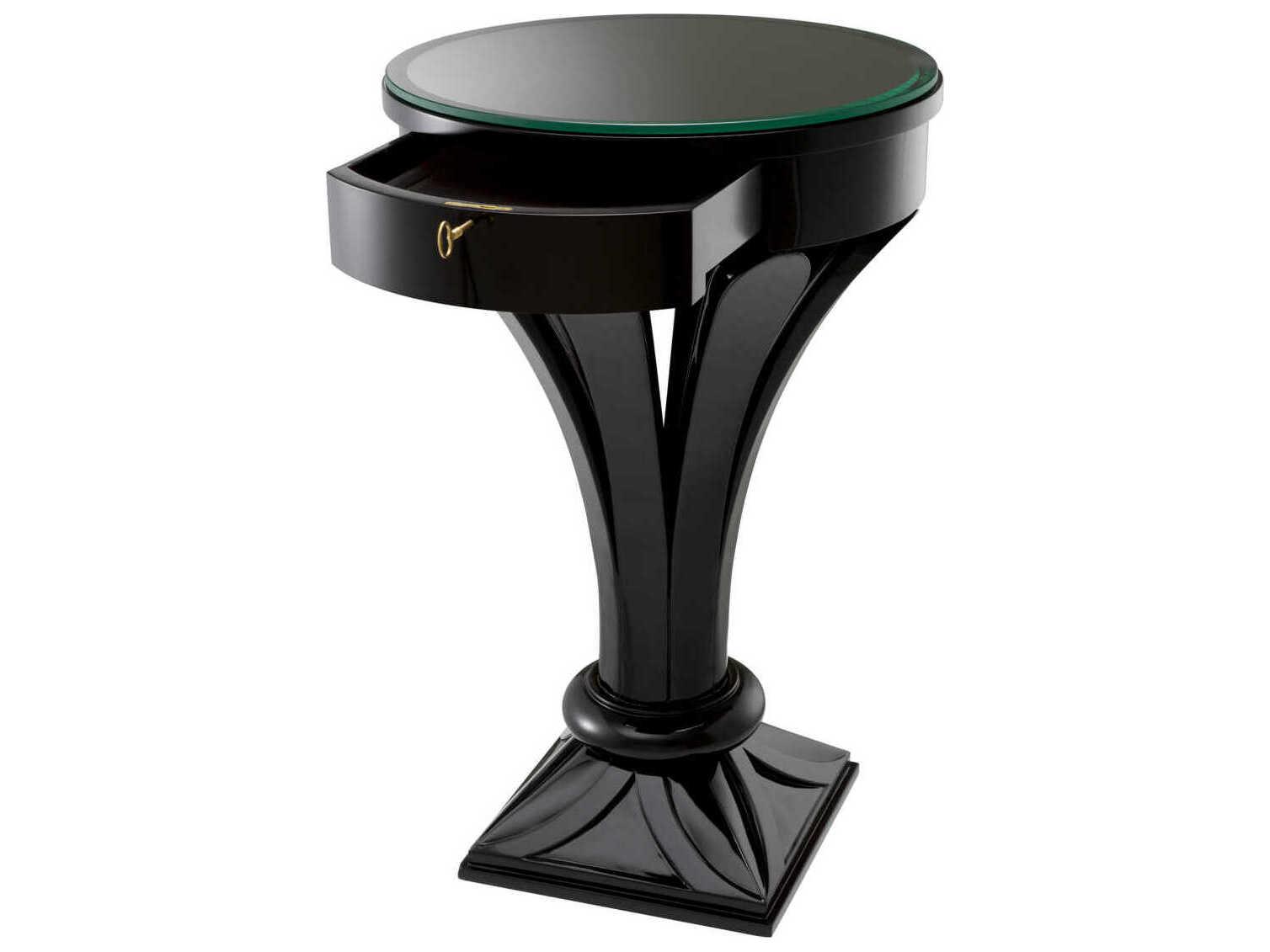 Eichholtz Aswan Round Piano Black Clear Glass Top End Table