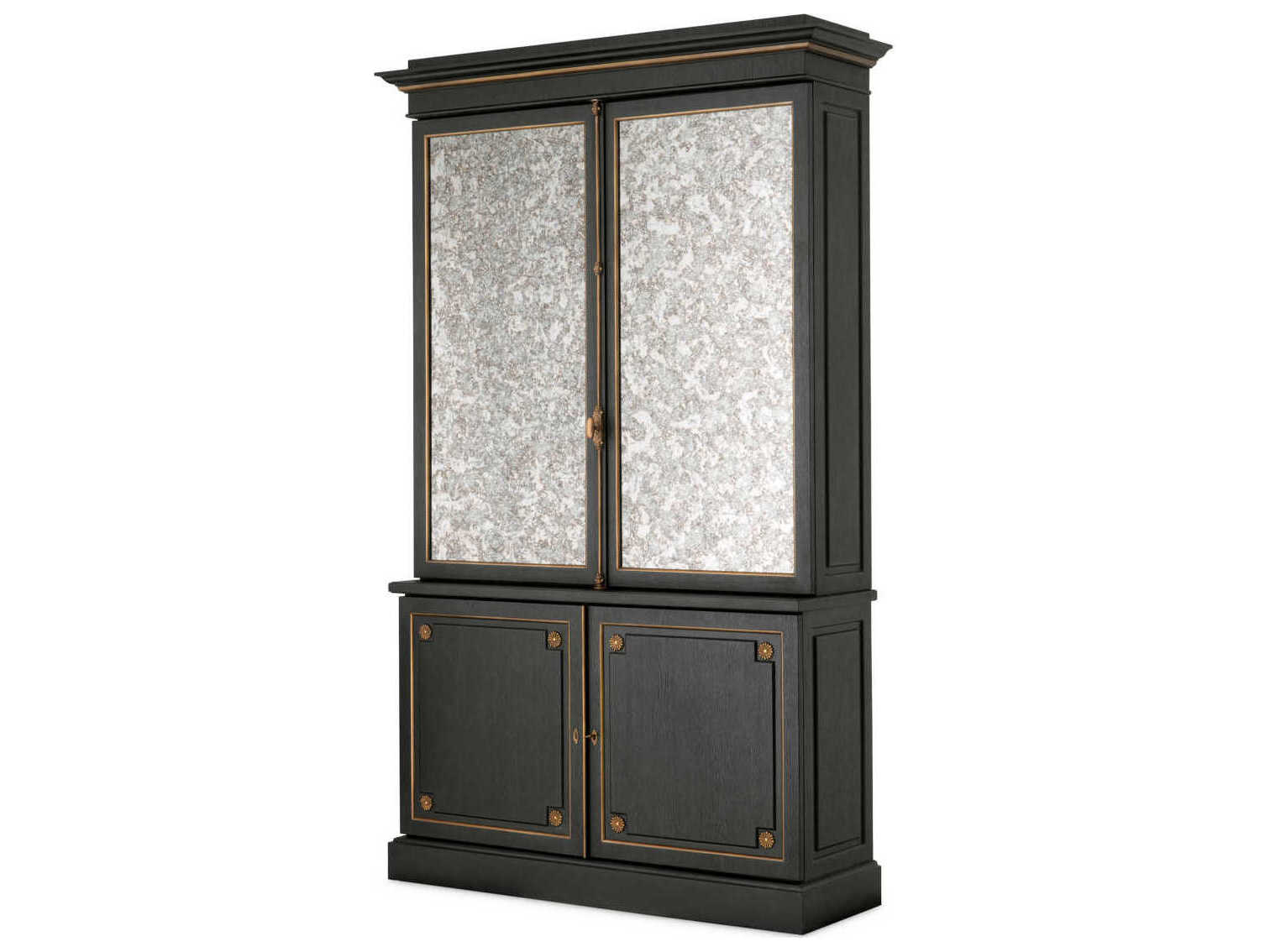 Eichholtz Kellam Solid Wood Black Antique Mirror Glass Bar Cabinet