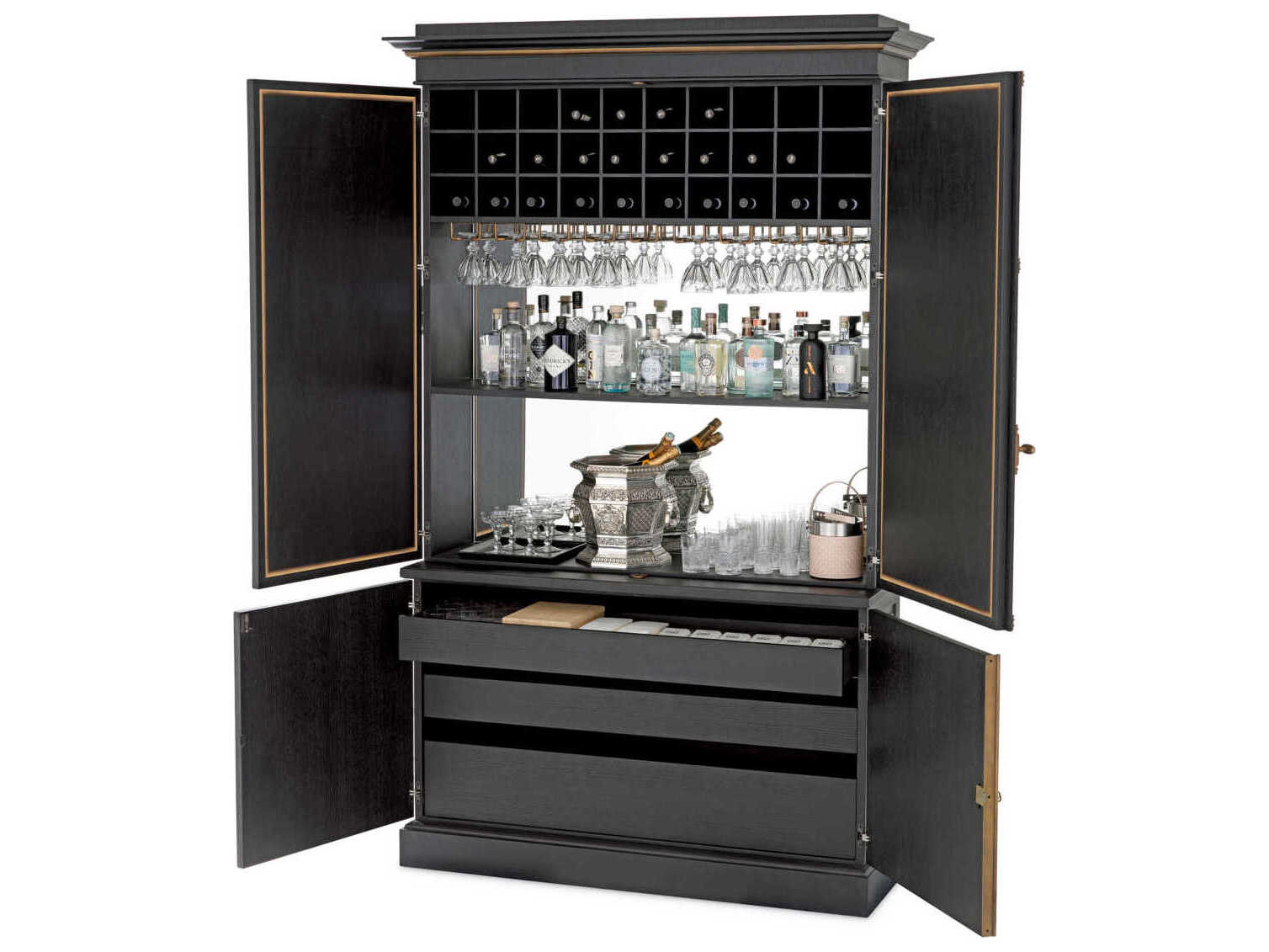 Eichholtz Kellam Solid Wood Black Antique Mirror Glass Bar Cabinet