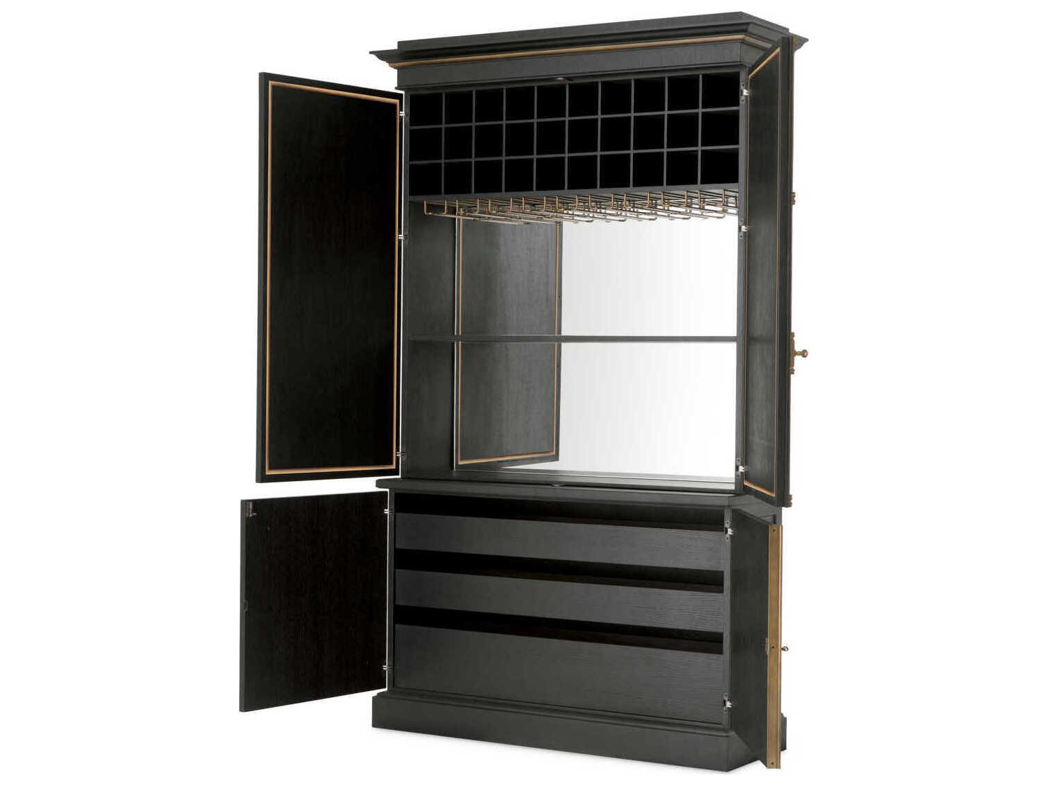 Eichholtz Kellam Solid Wood Black Antique Mirror Glass Bar Cabinet