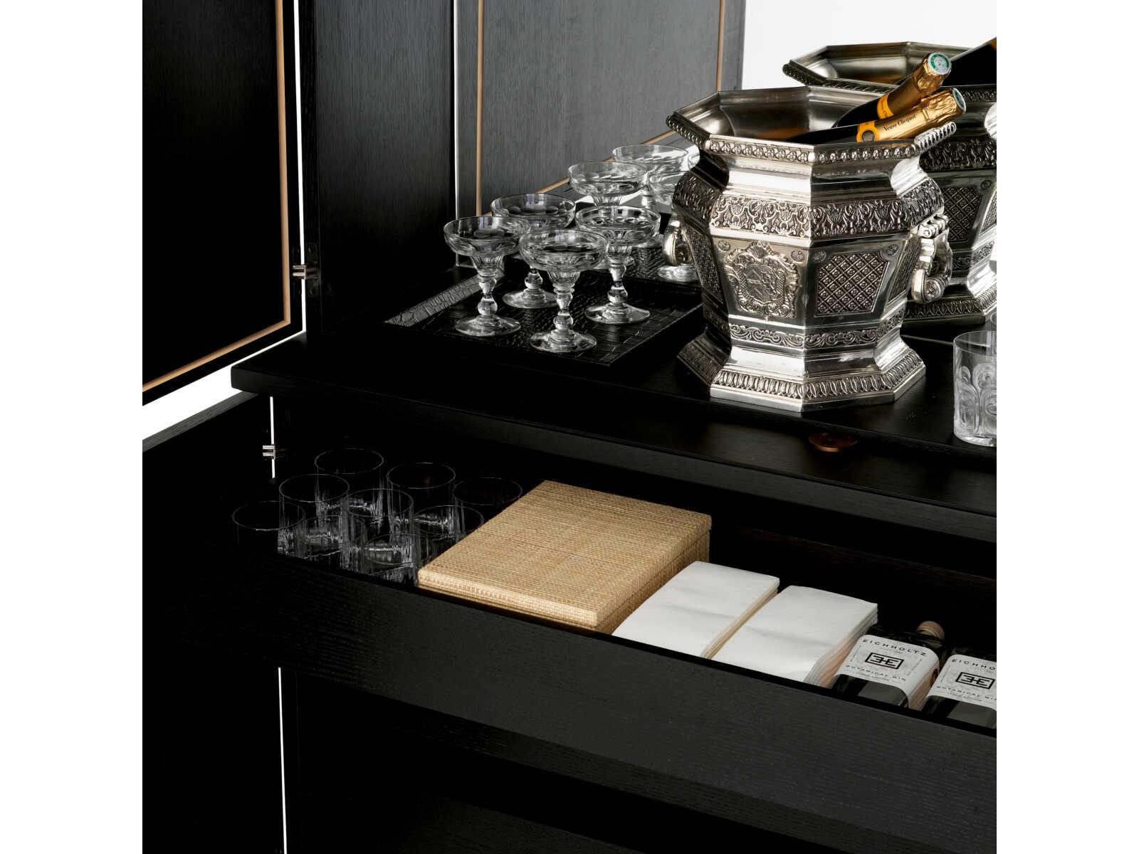 Eichholtz Kellam Solid Wood Black Antique Mirror Glass Bar Cabinet