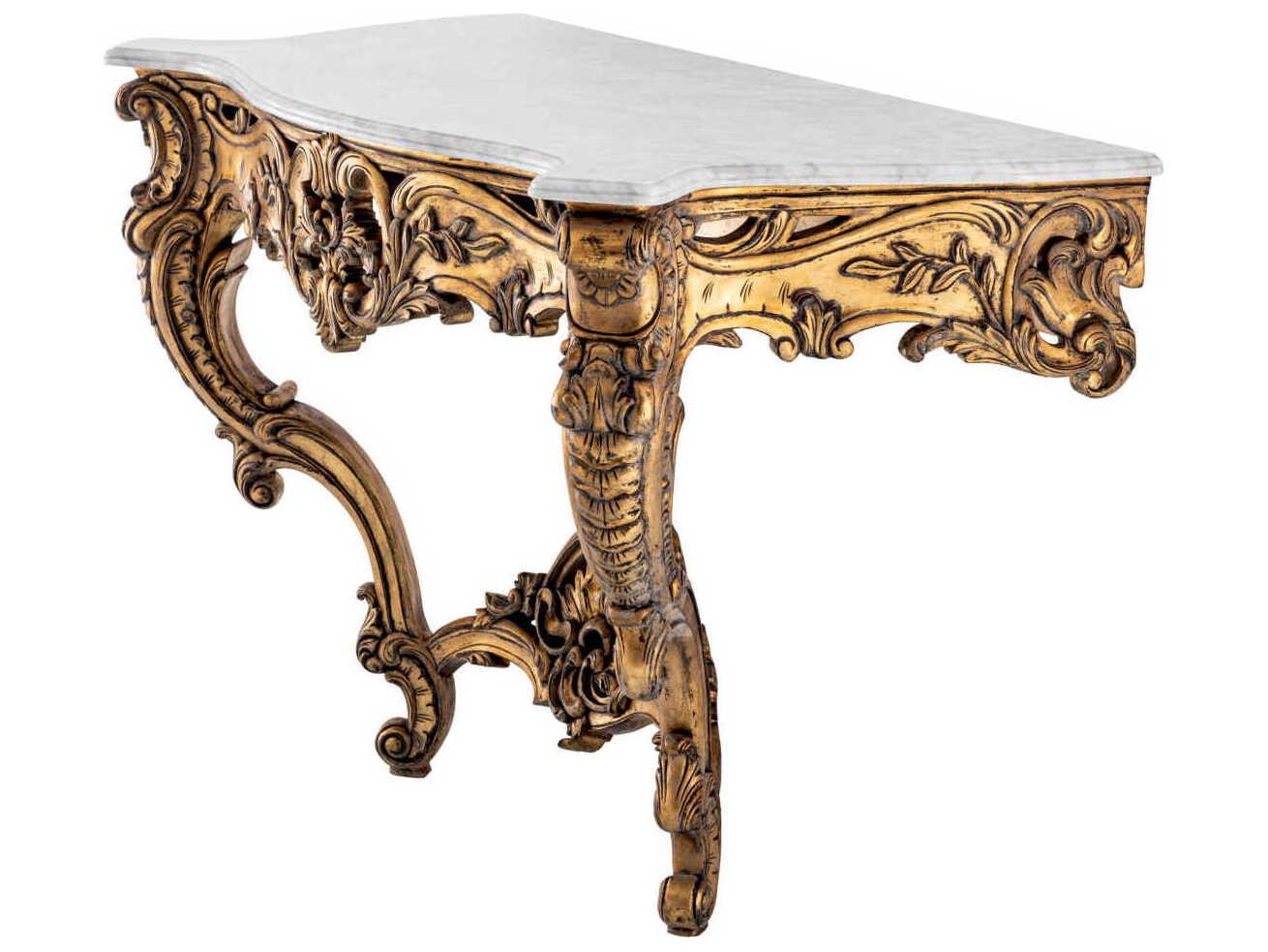 Eichholtz Rococo Rectangular Antique Gold White Marble Console Table