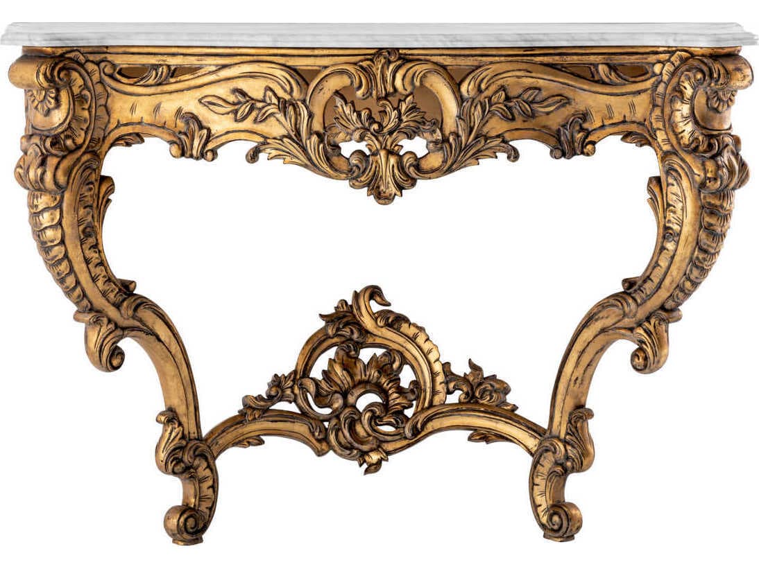 Eichholtz Rococo Rectangular Antique Gold White Marble Console Table