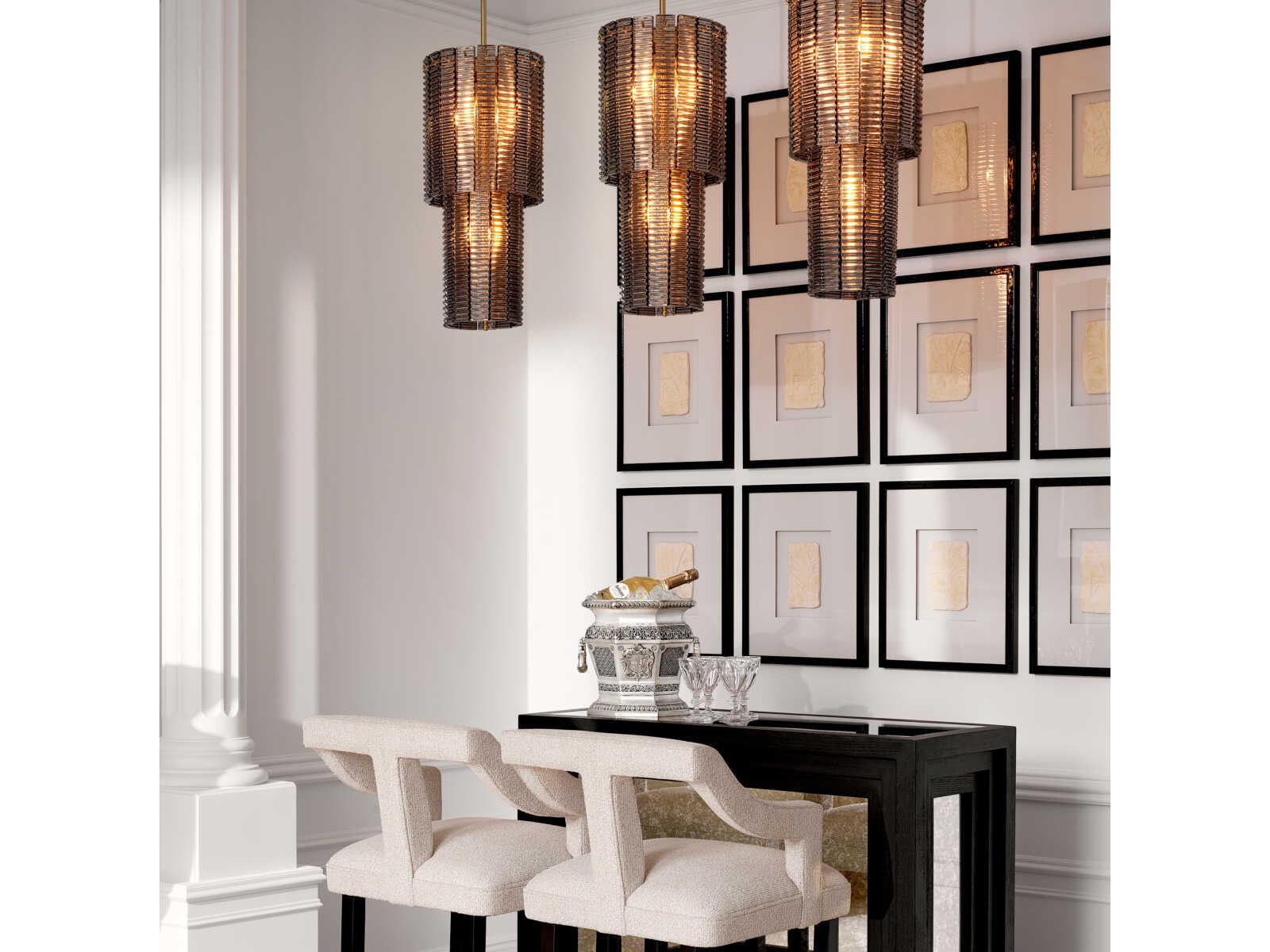 Eichholtz Imperial Brushed Brass Smoke Glass Traditional Cylinder Tiered Chandelier