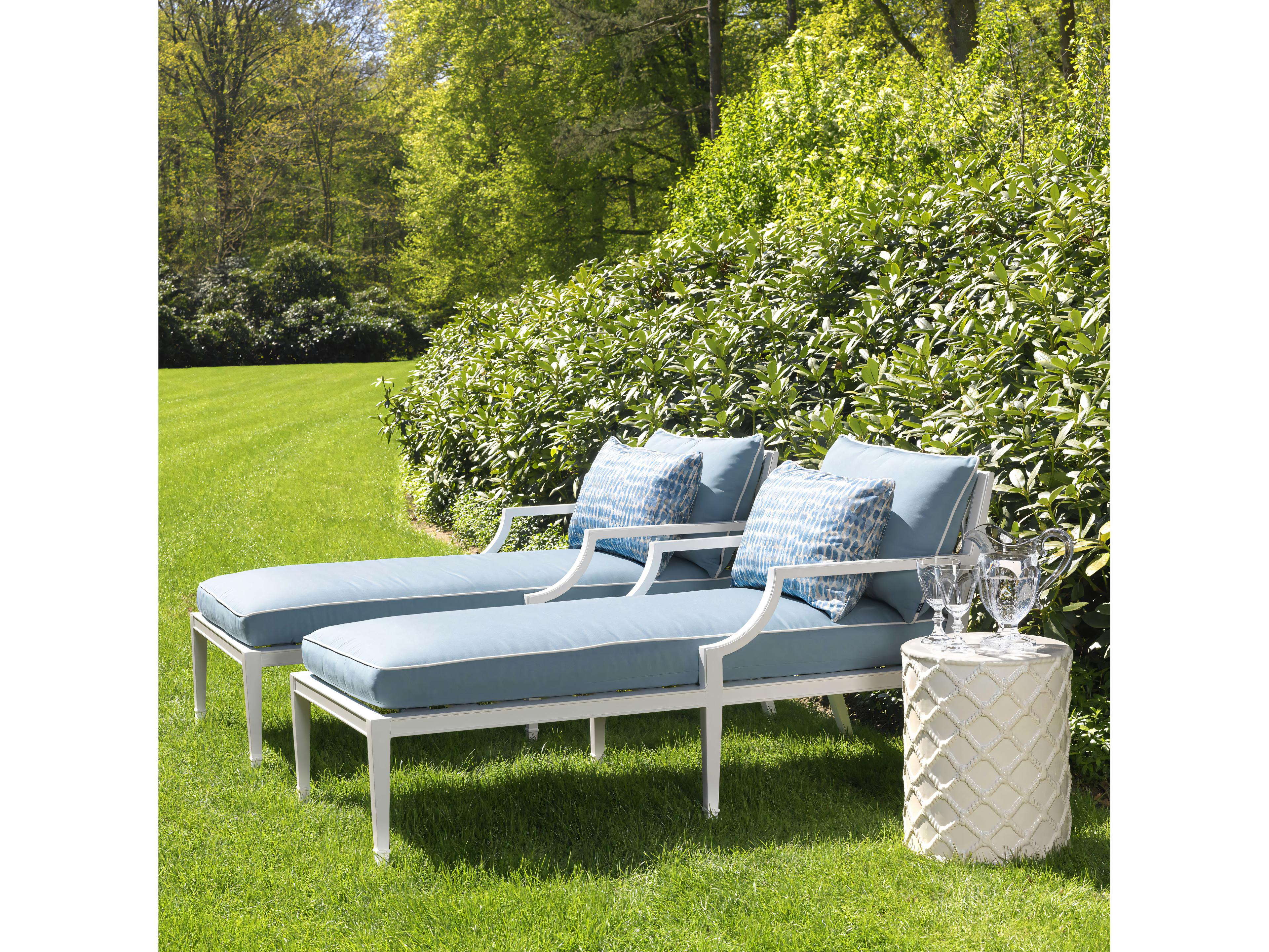 Eichholtz Outdoor White Finish Sunbrella Mineral Blue Chaise Lounge